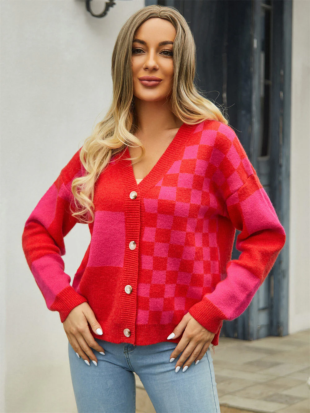Checkmate Button Up Knit Cardigan - Red - Image 5