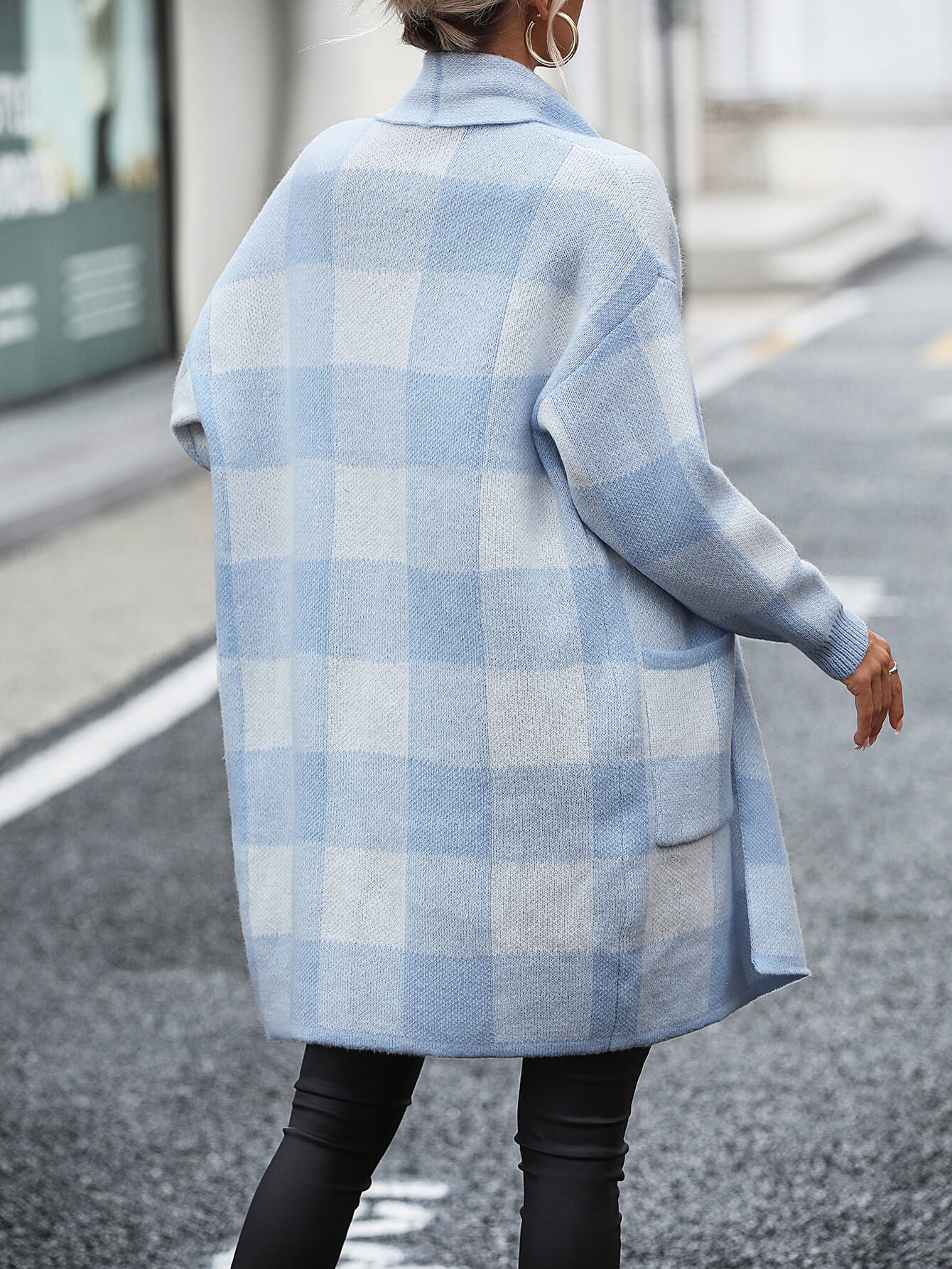 Checkmate Pocketed Knit Cardigan - Blue - Image 3