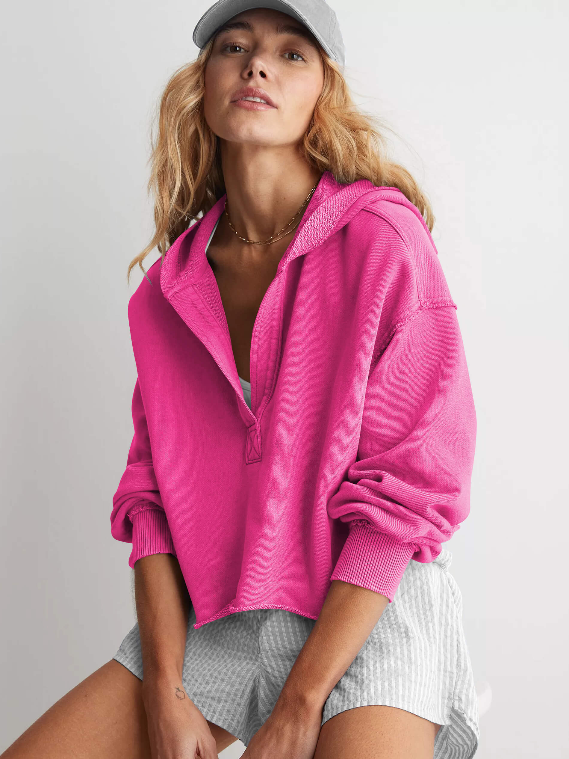 Chill Vibes Crop Hoodie Sweater - Fuchsia - Image 2