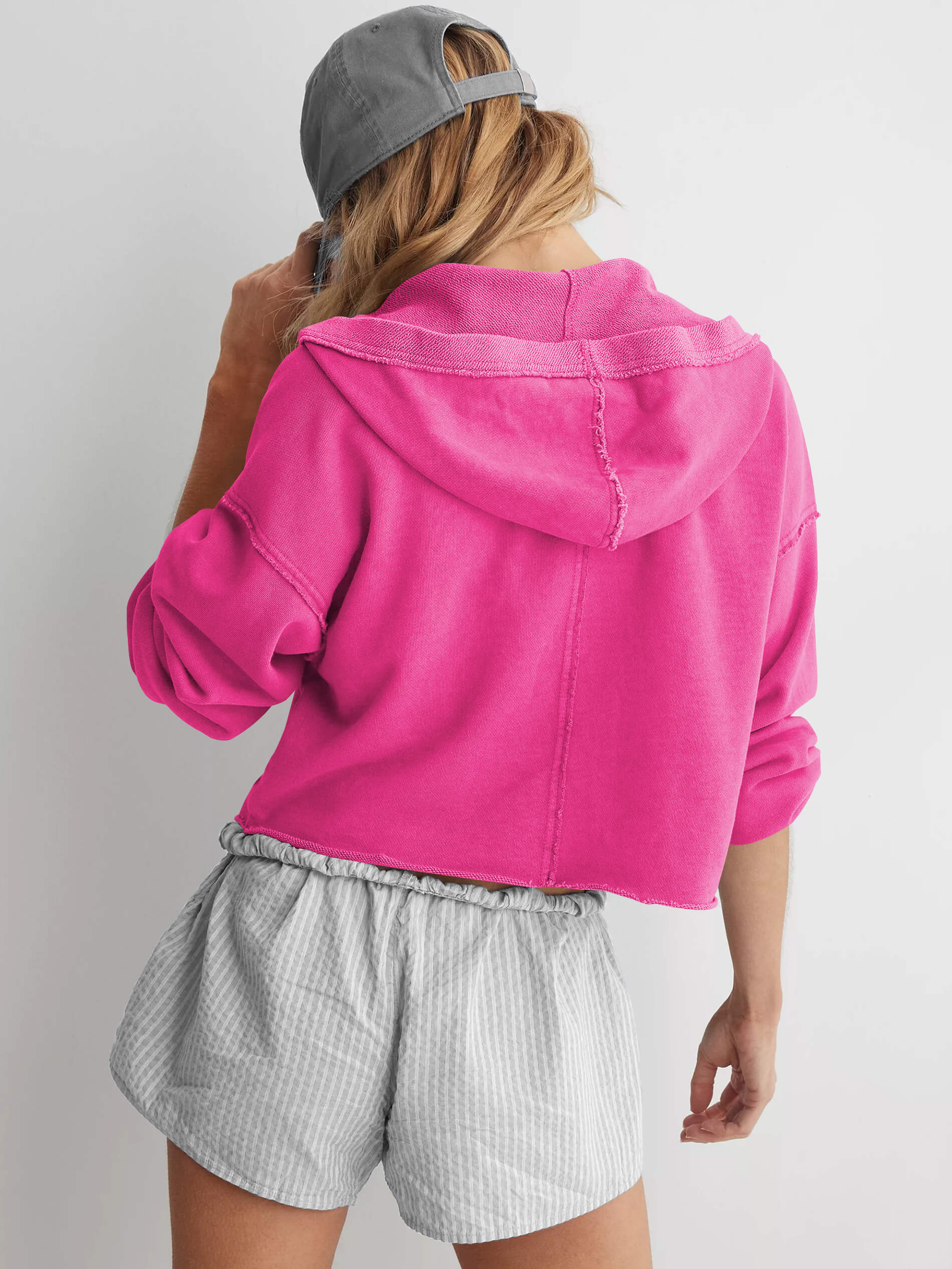 Chill Vibes Crop Hoodie Sweater - Fuchsia - Image 3