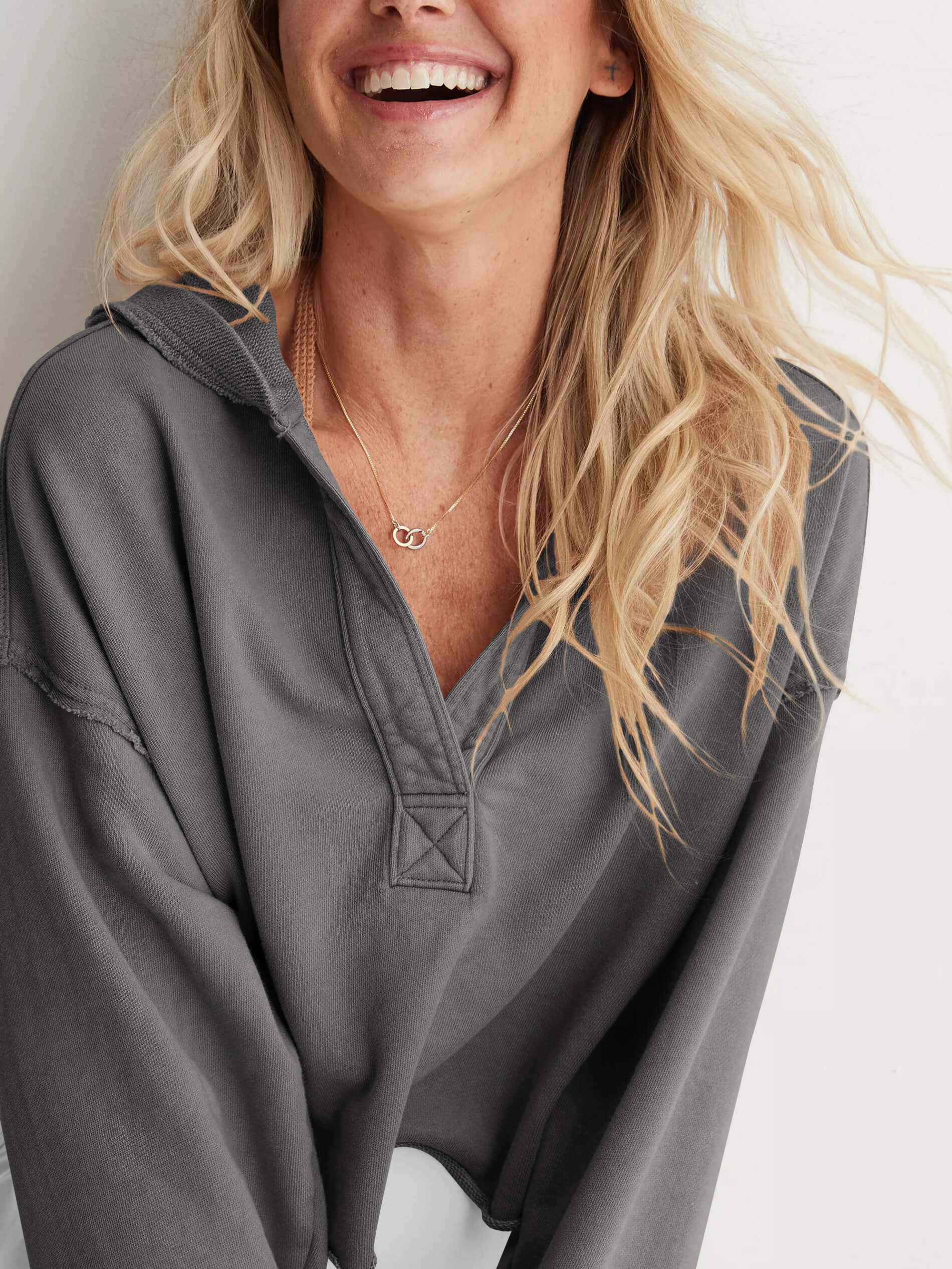 Chill Vibes Crop Hoodie Sweater - Grey - Image 2