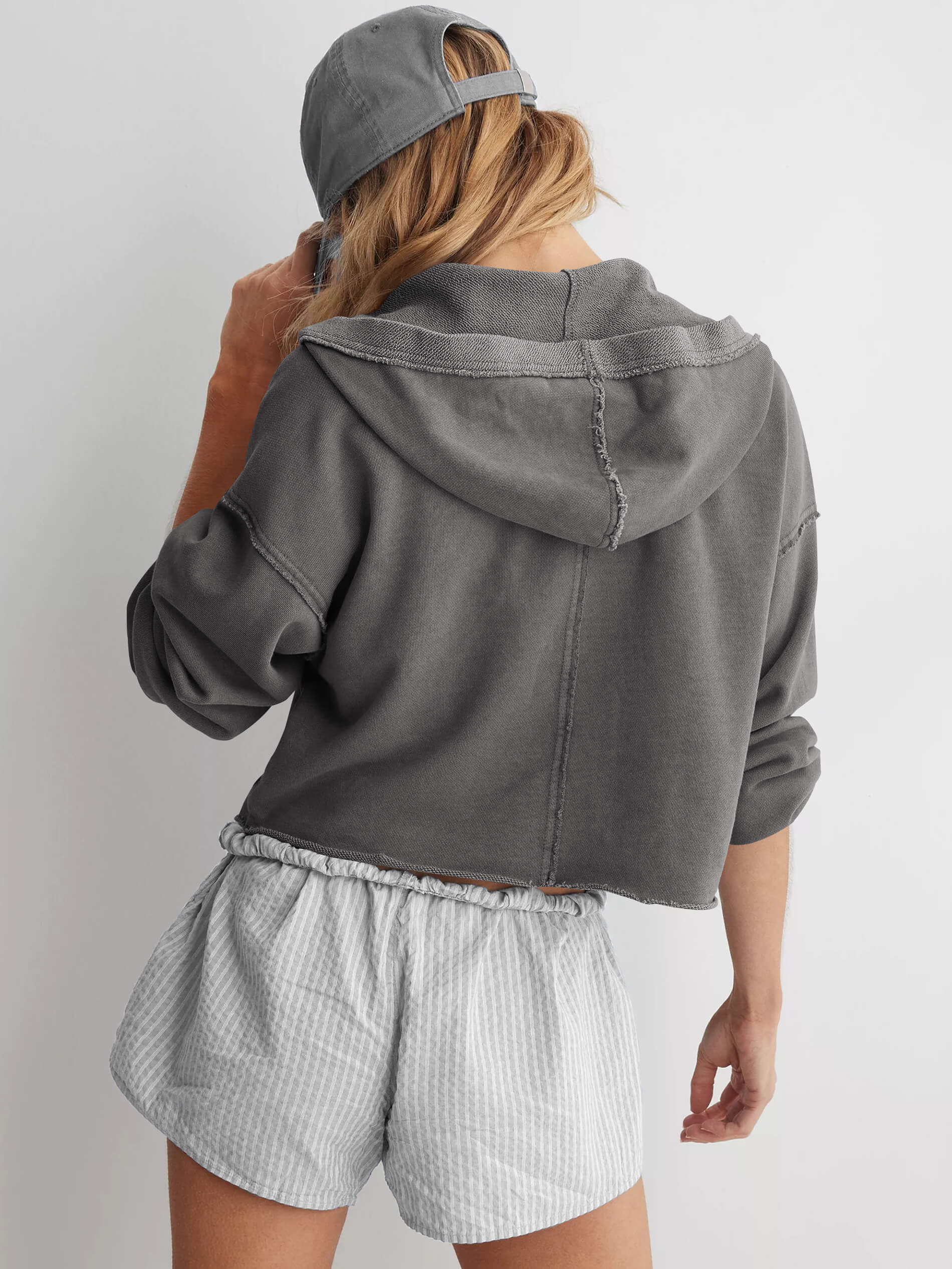 Chill Vibes Crop Hoodie Sweater - Grey - Image 3