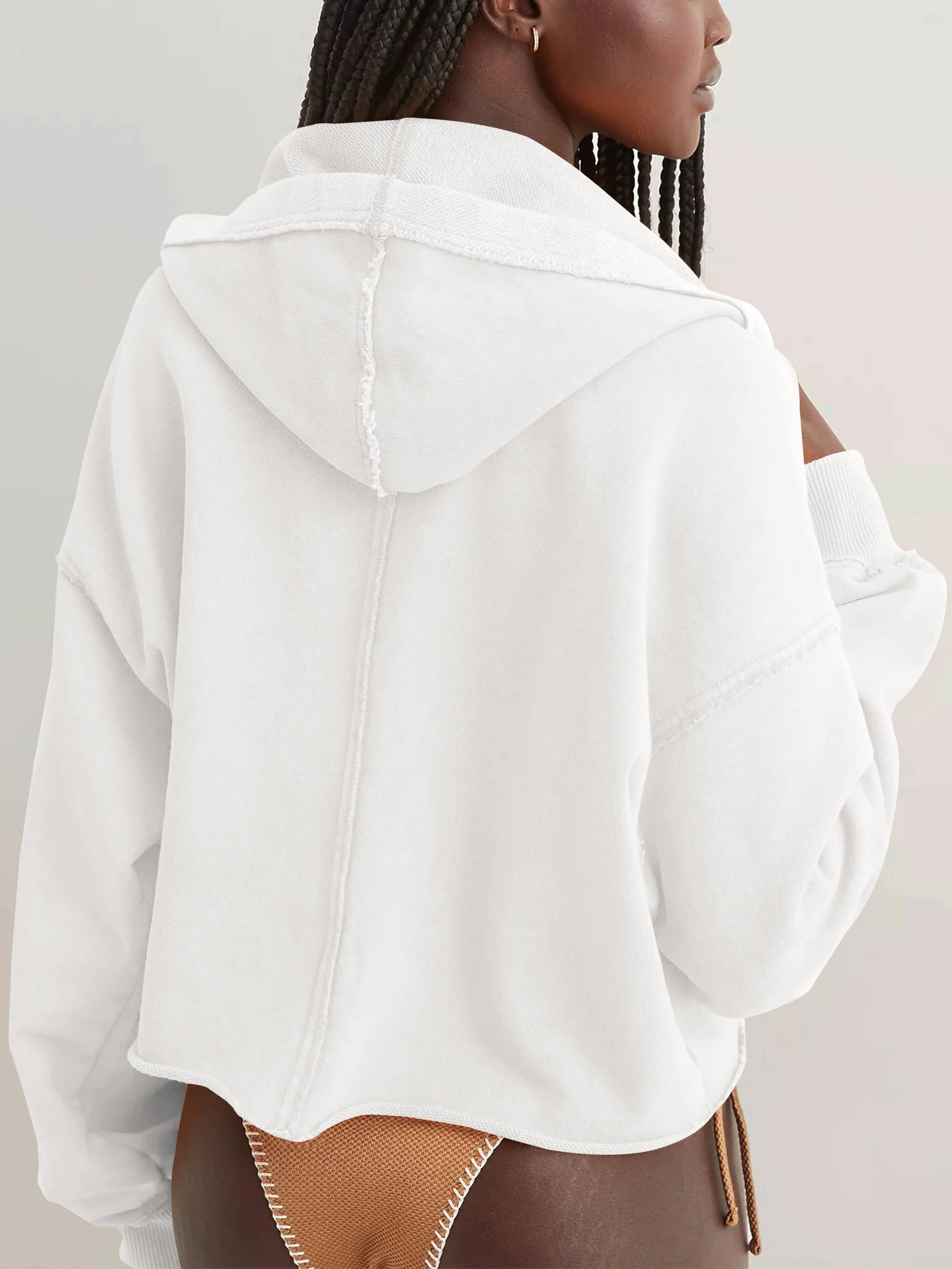 Chill Vibes Crop Hoodie Sweater - White - Image 3