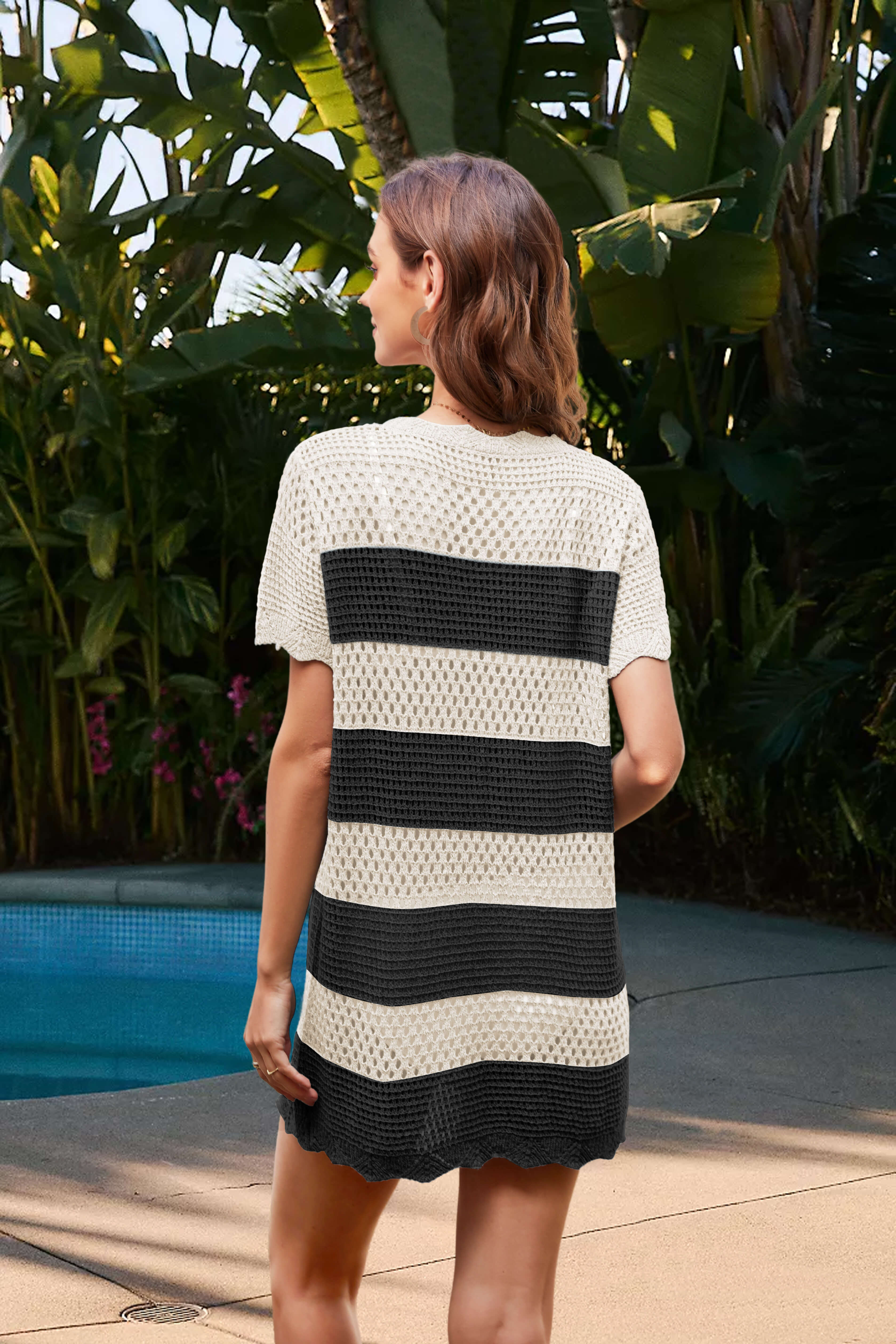 Christa Knit Crochet Striped Mini Dress - Black - Image 3