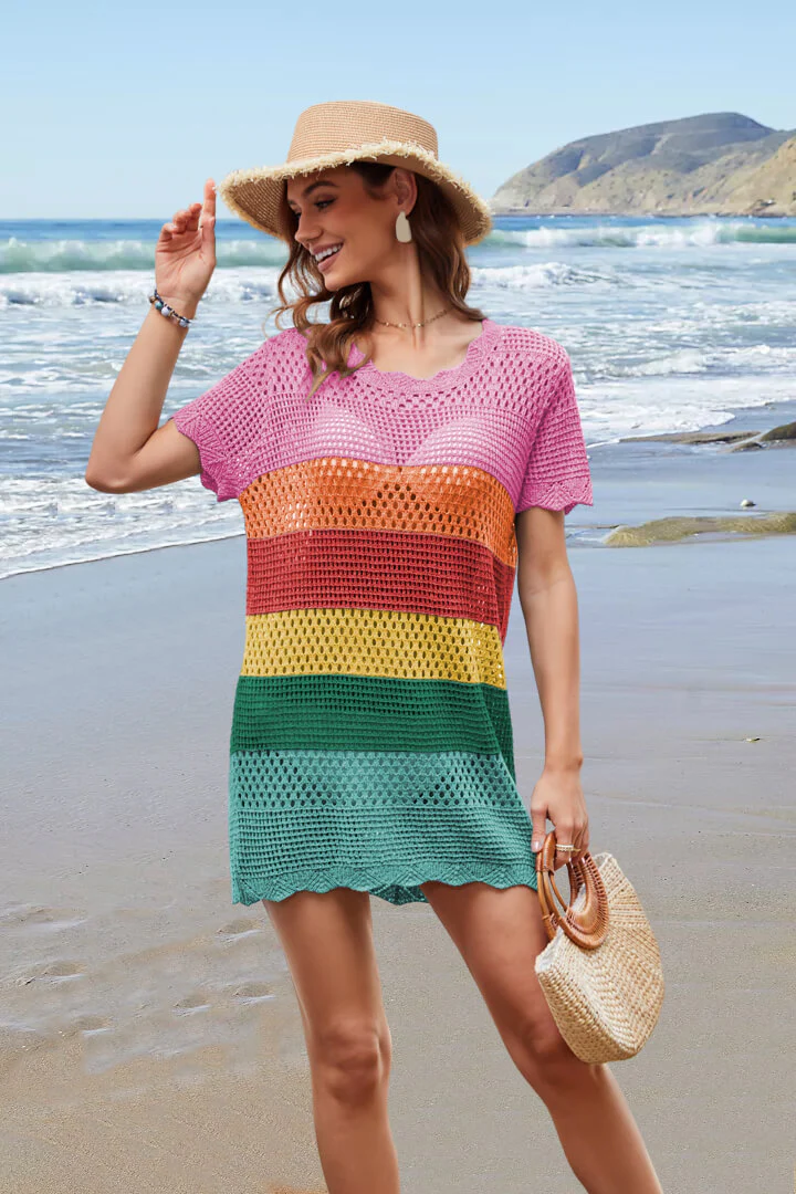 Christa Knit Crochet Striped Mini Dress - Multi - Image 5