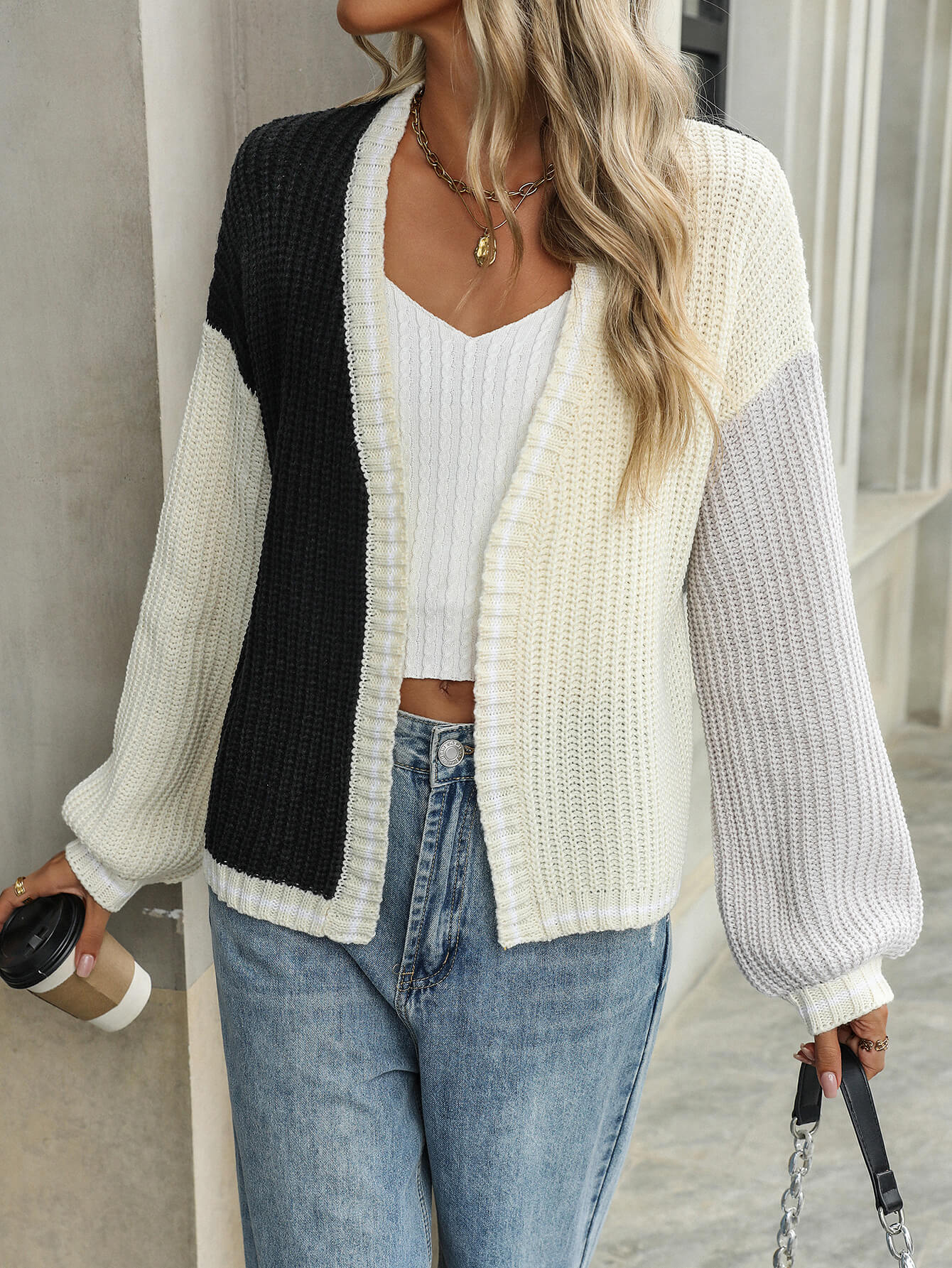 Christine Contrast Sweater Cardigan - Black - Image 4