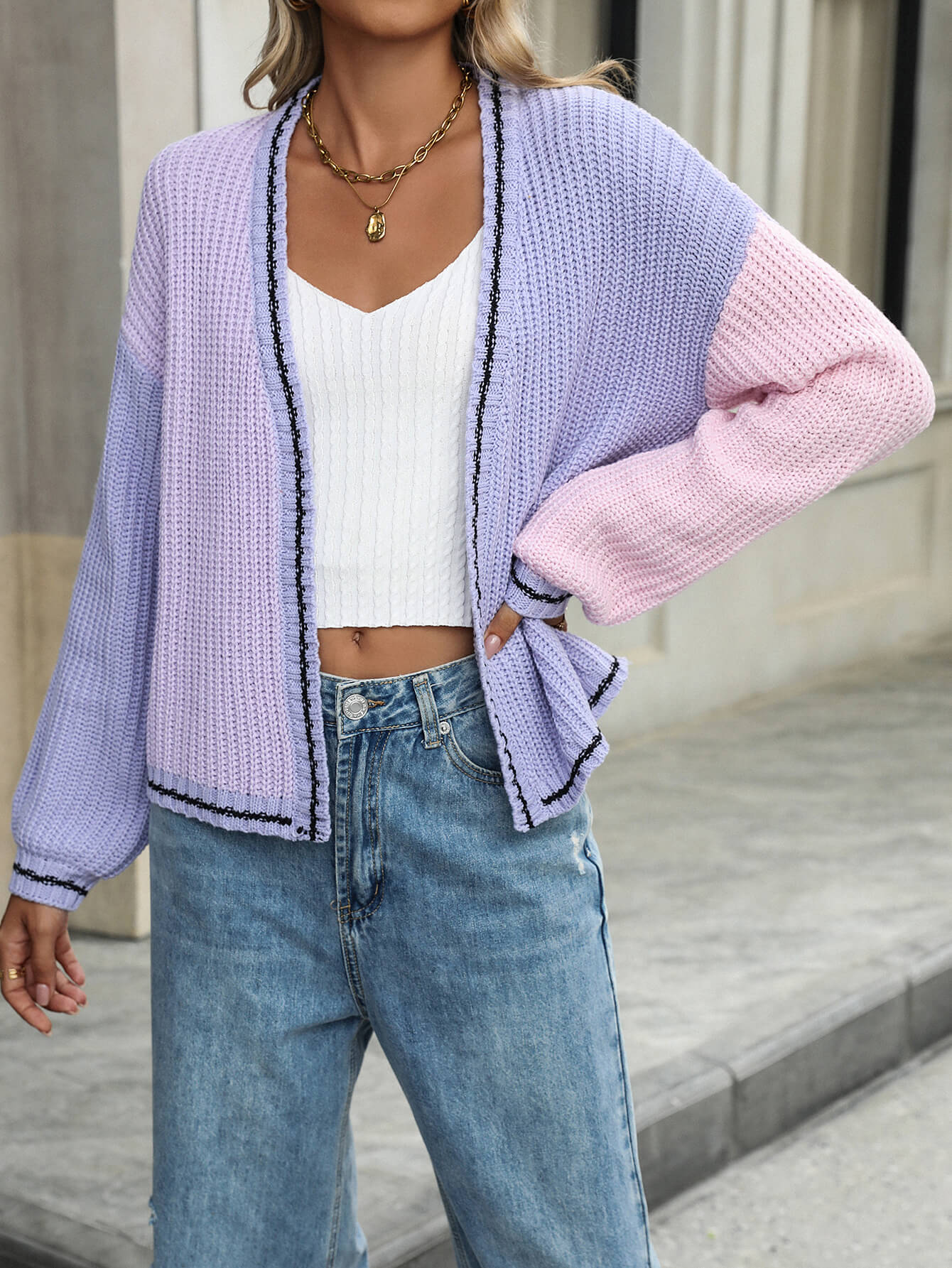 Christine Contrast Sweater Cardigan - Lavender - Image 5