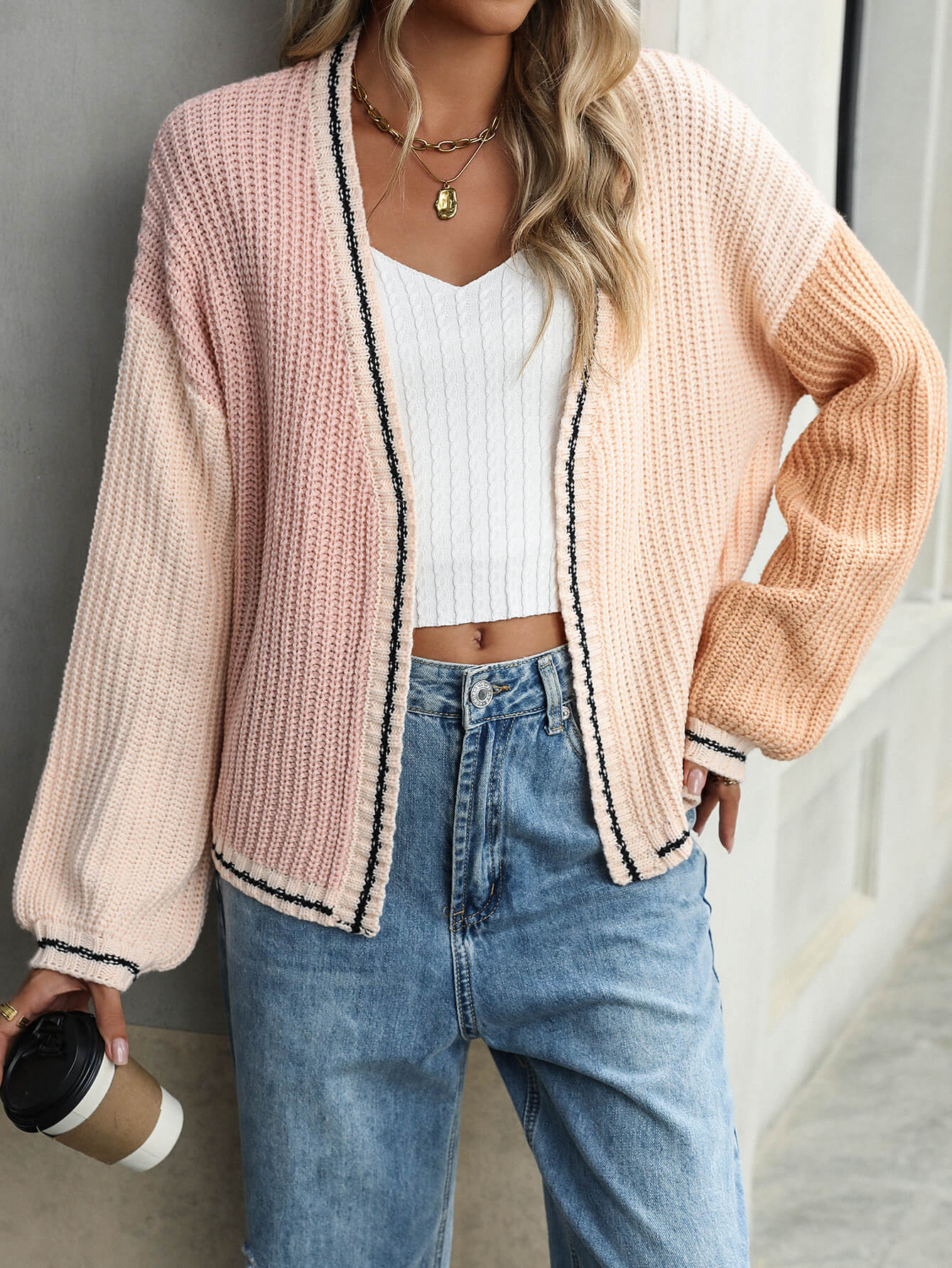 Christine Contrast Sweater Cardigan - Pink