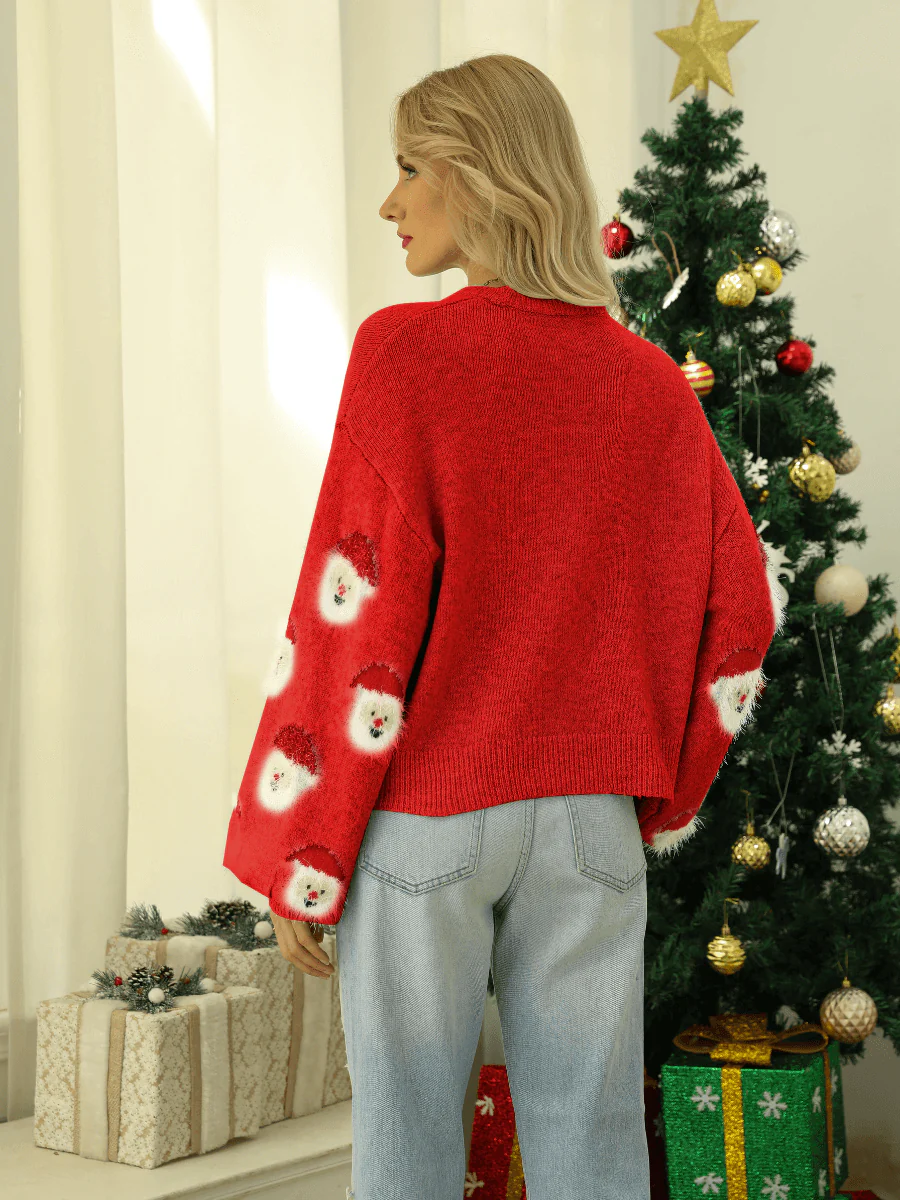 CHRISTMAS SMILING SANTA KNIT SWEATER - RED - Image 3
