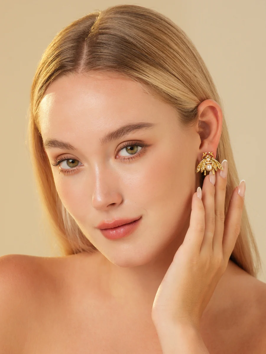 Cicada Pearl Rhinestone Embellished Stud Earrings - Image 3