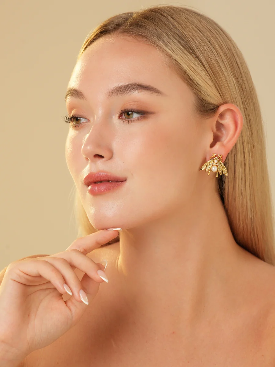 Cicada Pearl Rhinestone Embellished Stud Earrings - Image 5