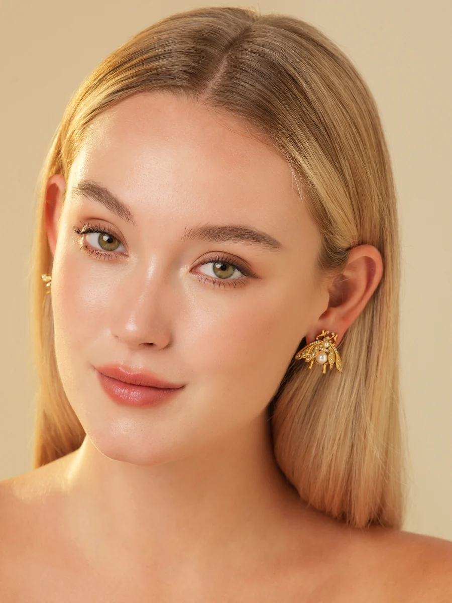 Cicada Pearl Rhinestone Embellished Stud Earrings - Image 6