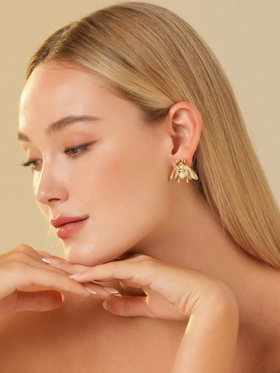 Cicada Pearl Rhinestone Embellished Stud Earrings - Image 7