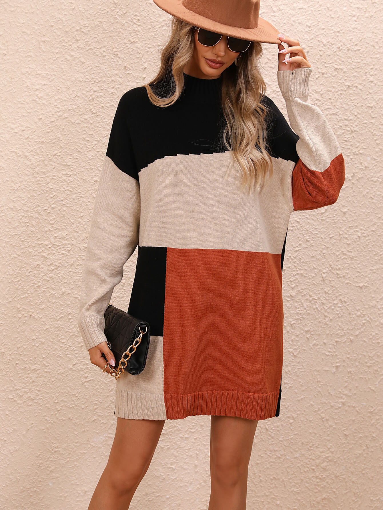 Cindy Color Block Mini Sweater Dress - Orange - Image 2