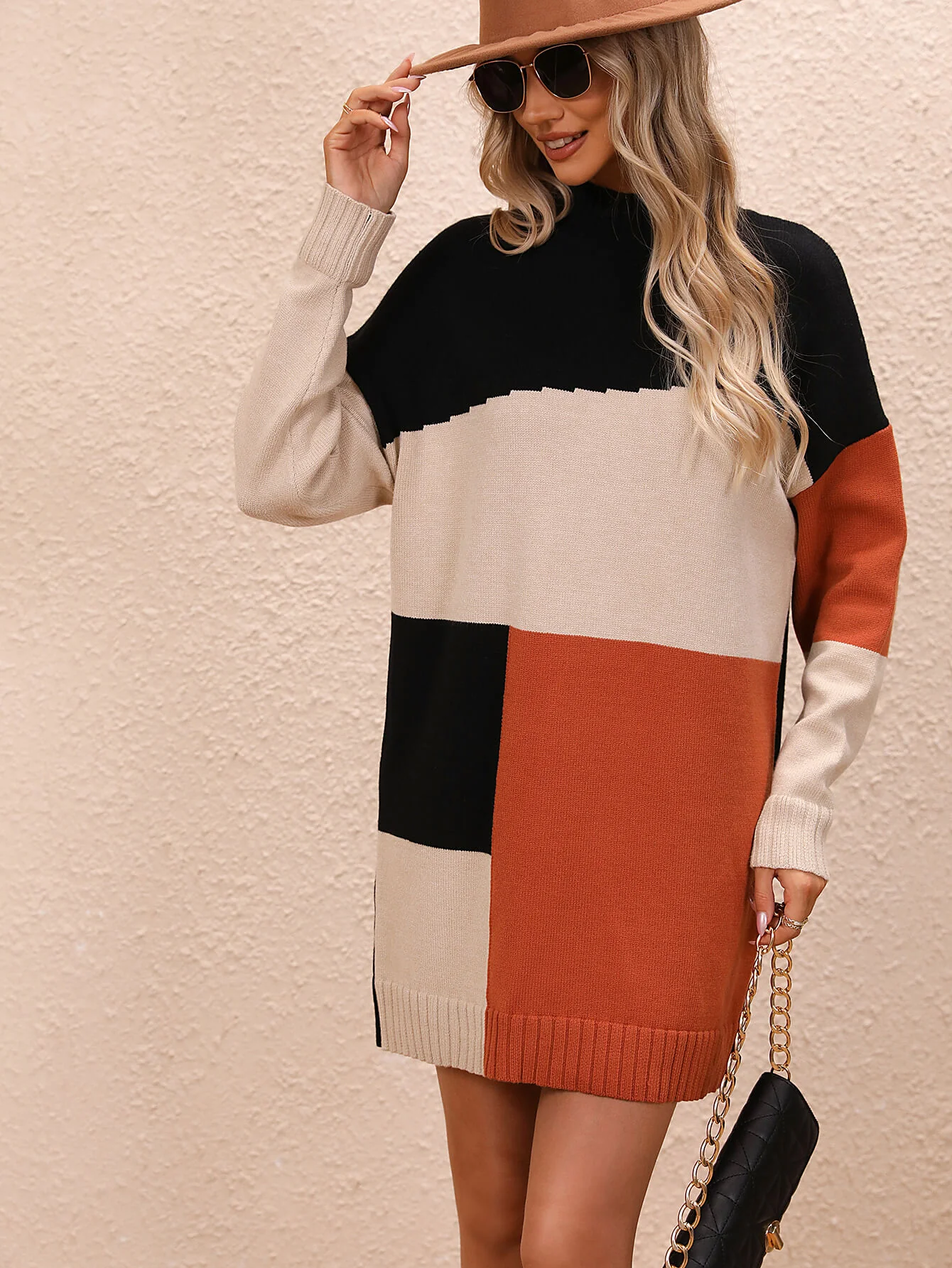 Cindy Color Block Mini Sweater Dress - Orange - Image 4