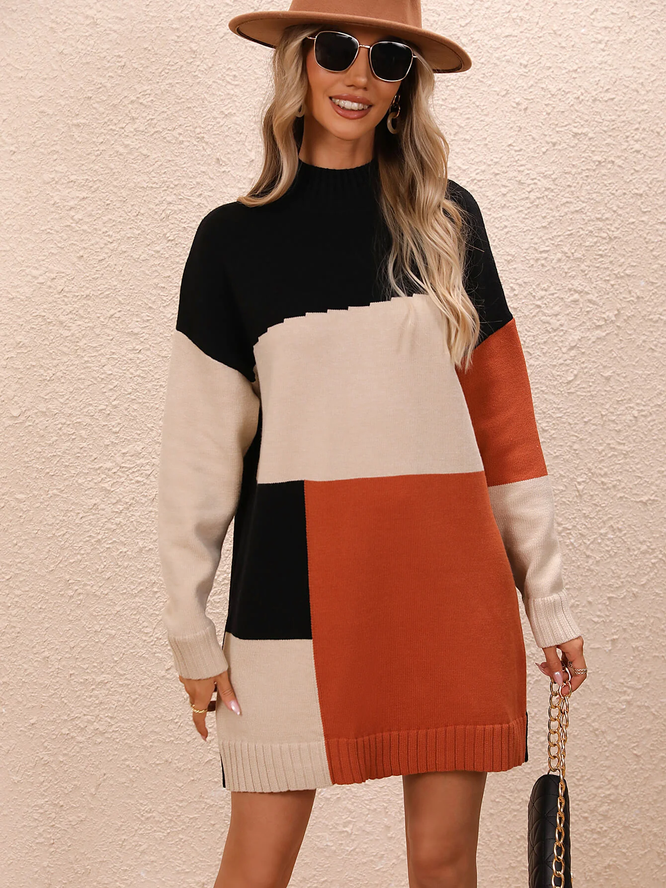 Cindy Color Block Mini Sweater Dress - Orange - Image 5