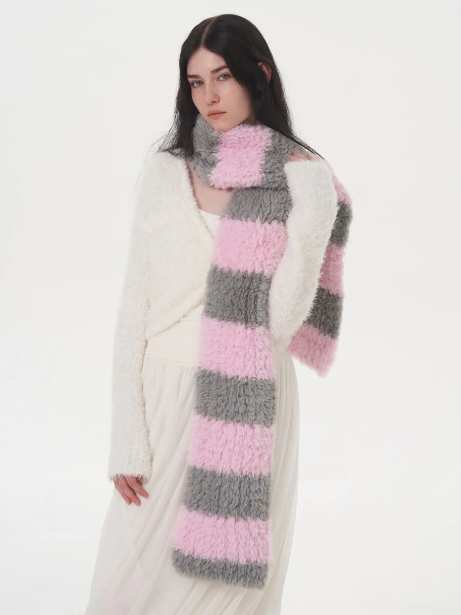Clarita Fluffy Stripe Scarf - Pink - Image 5