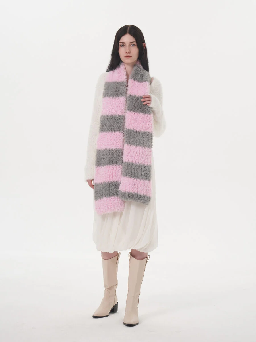 Clarita Fluffy Stripe Scarf - Pink - Image 6