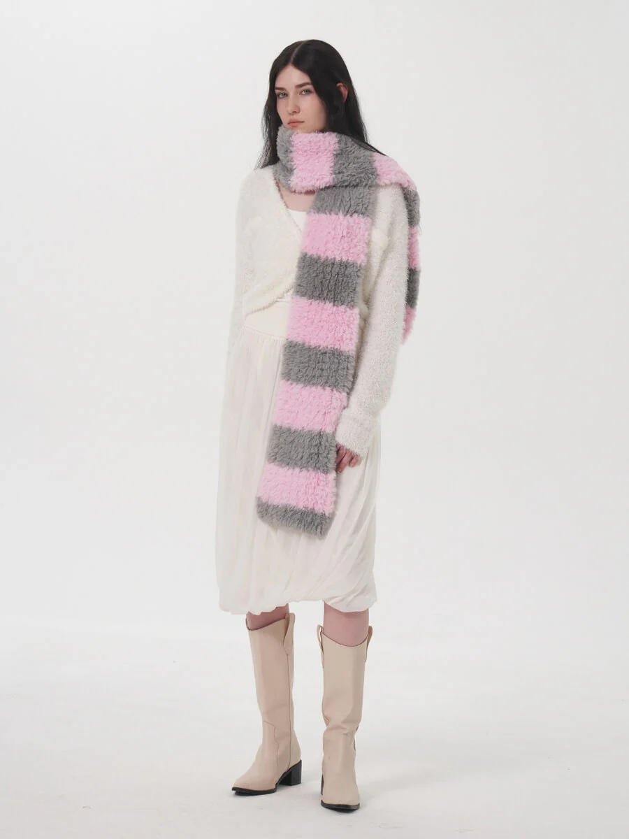 Clarita Fluffy Stripe Scarf - Pink - Image 8