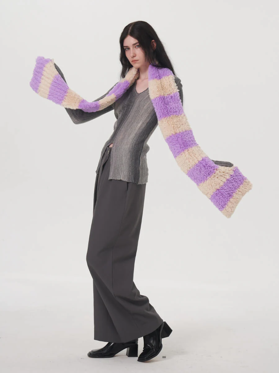 Clarita Fluffy Stripe Scarf - Purple - Image 6