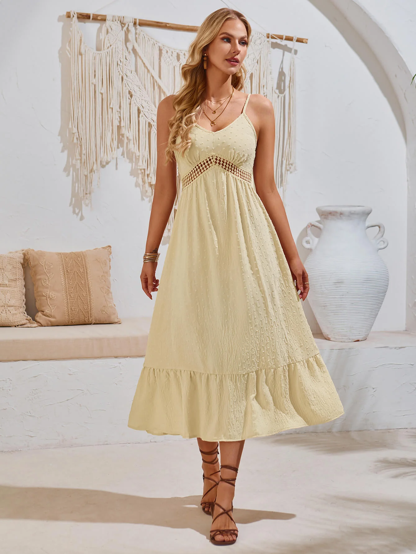 Clementina Crochet Waist Midi Dress - Apricot - Image 6