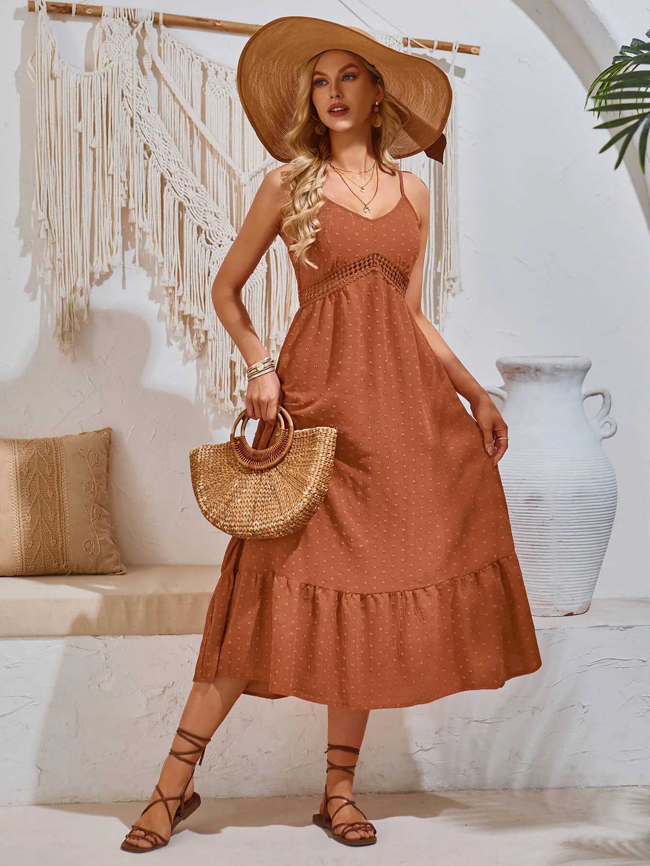 Clementina Crochet Waist Midi Dress - Brick - Image 2