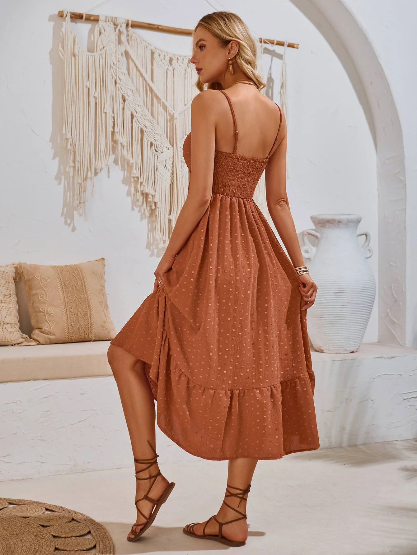 Clementina Crochet Waist Midi Dress - Brick - Image 3