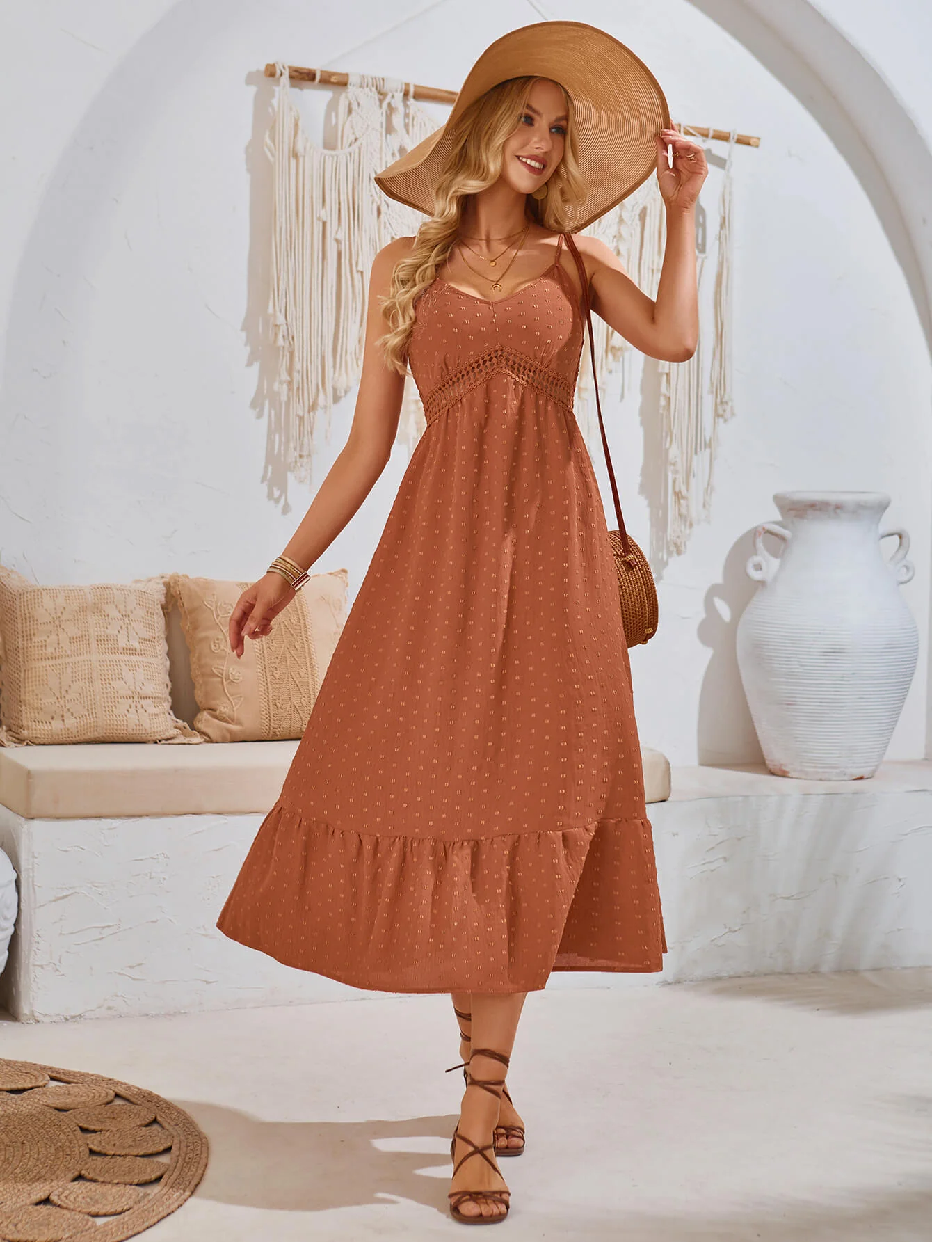 Clementina Crochet Waist Midi Dress - Brick - Image 4