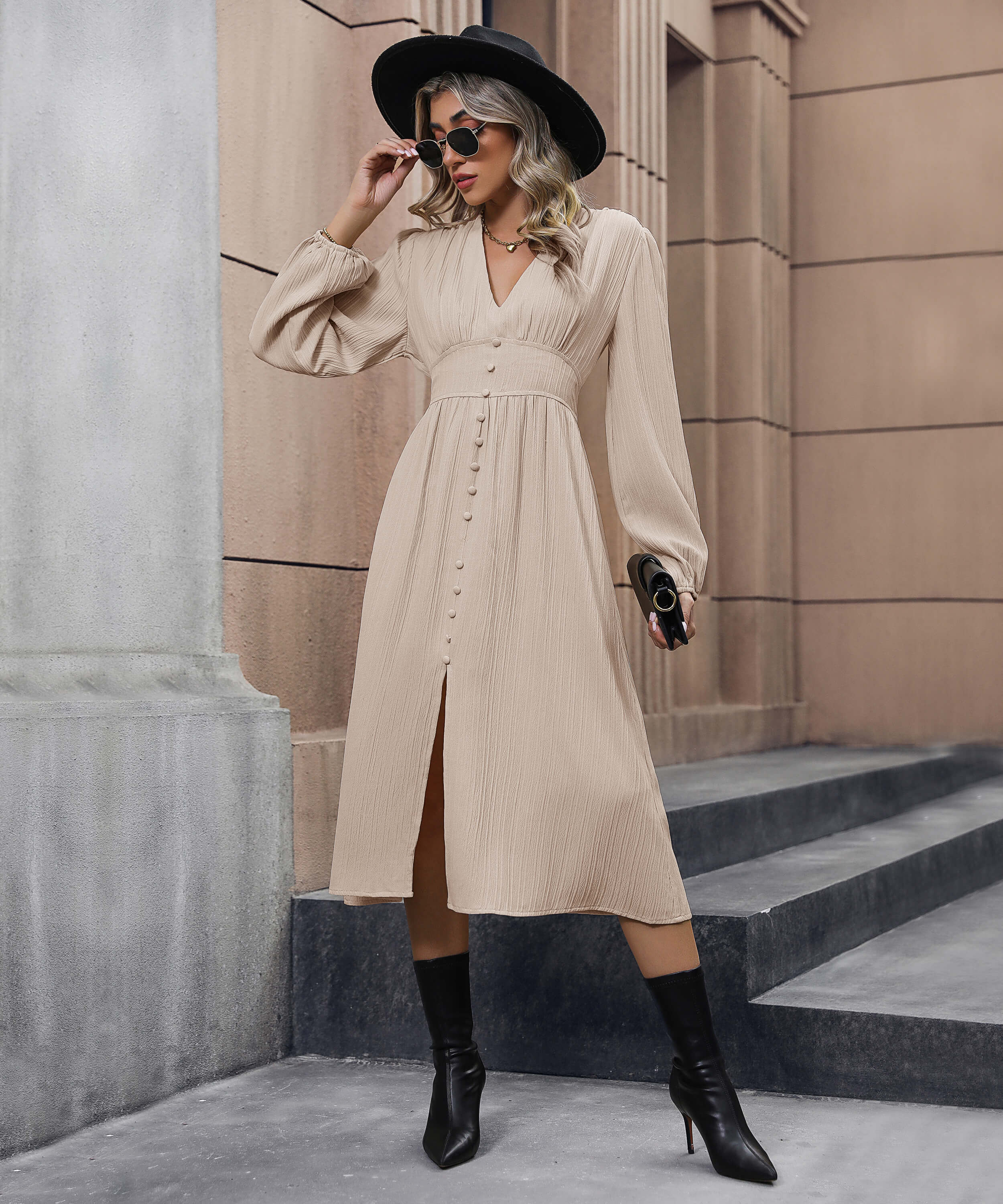 Cleo Button Front Slip Midi Dress - Taupe - Image 2