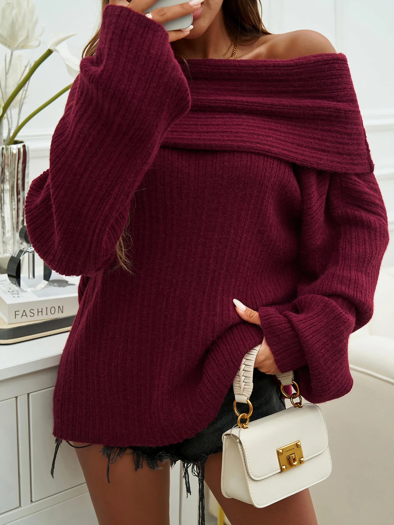 Coffee Run Off The Shoulder Sweater - Burgundy - Image 5