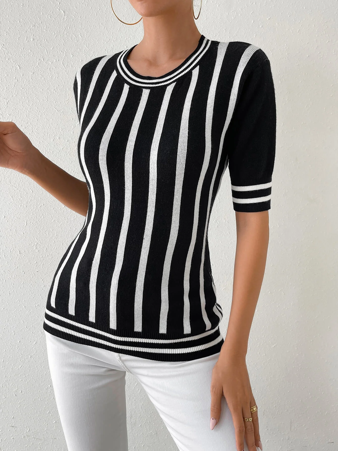 Colette Striped Short Sleeve Knit Top - Black - Image 2