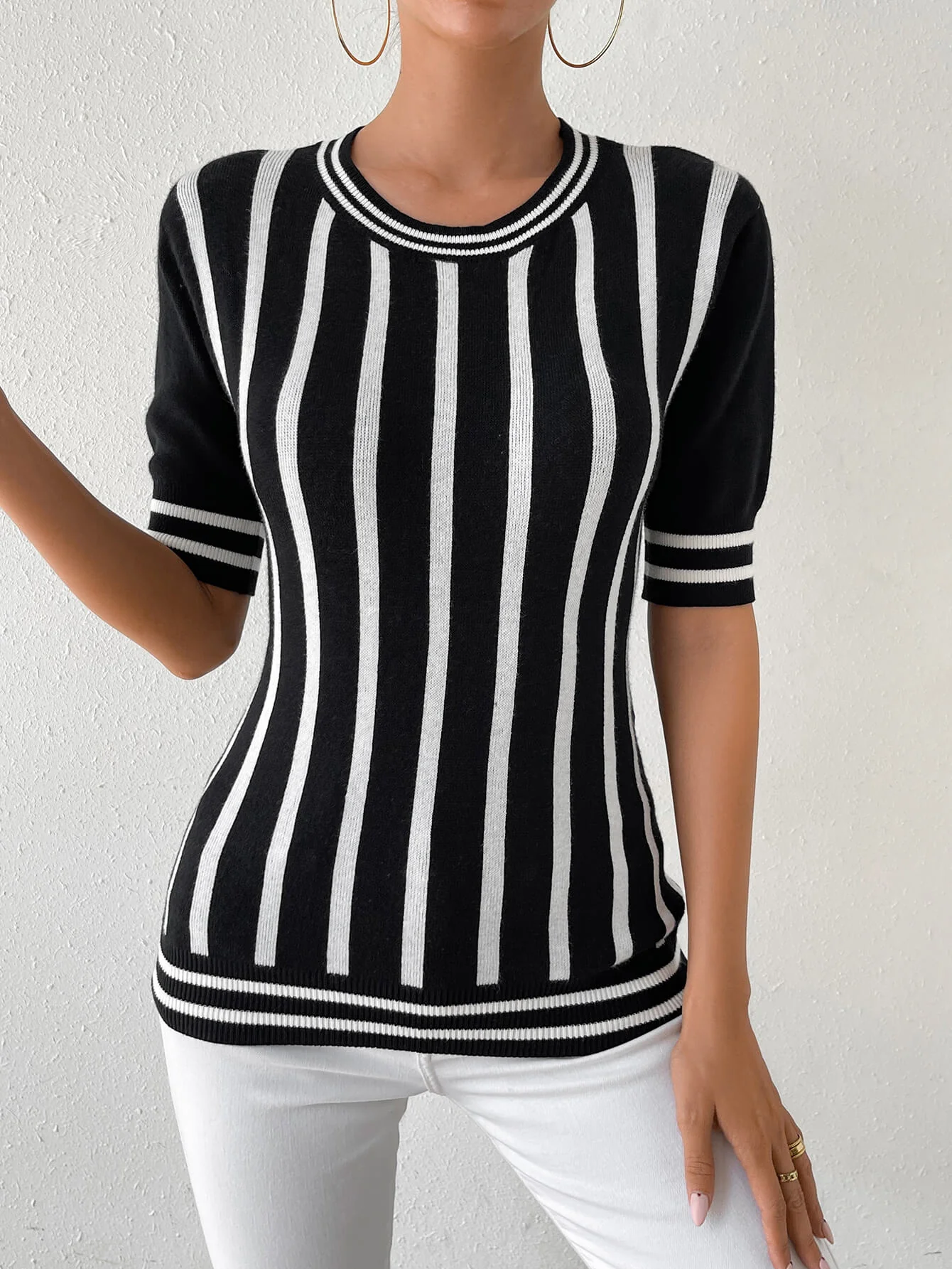 Colette Striped Short Sleeve Knit Top - Black - Image 4