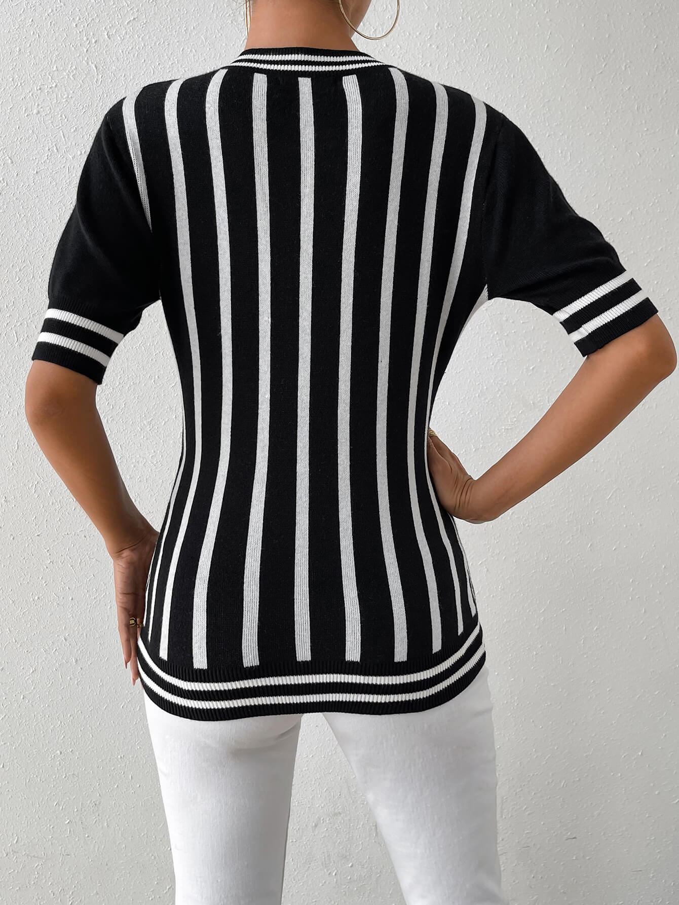 Colette Striped Short Sleeve Knit Top - Black - Image 6