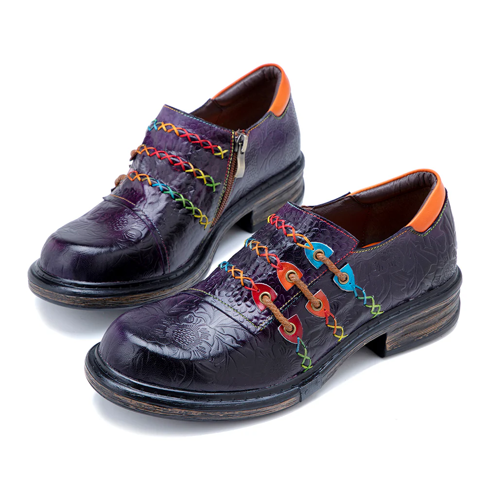 Soffia | Rainbow Stitch Embossed Genuine Leather Sneakers - Image 6
