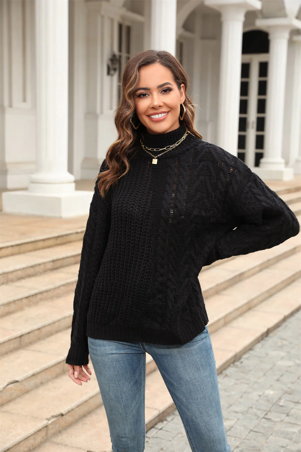 Corey Relaxed Cable Knit Sweater - Black - Image 2