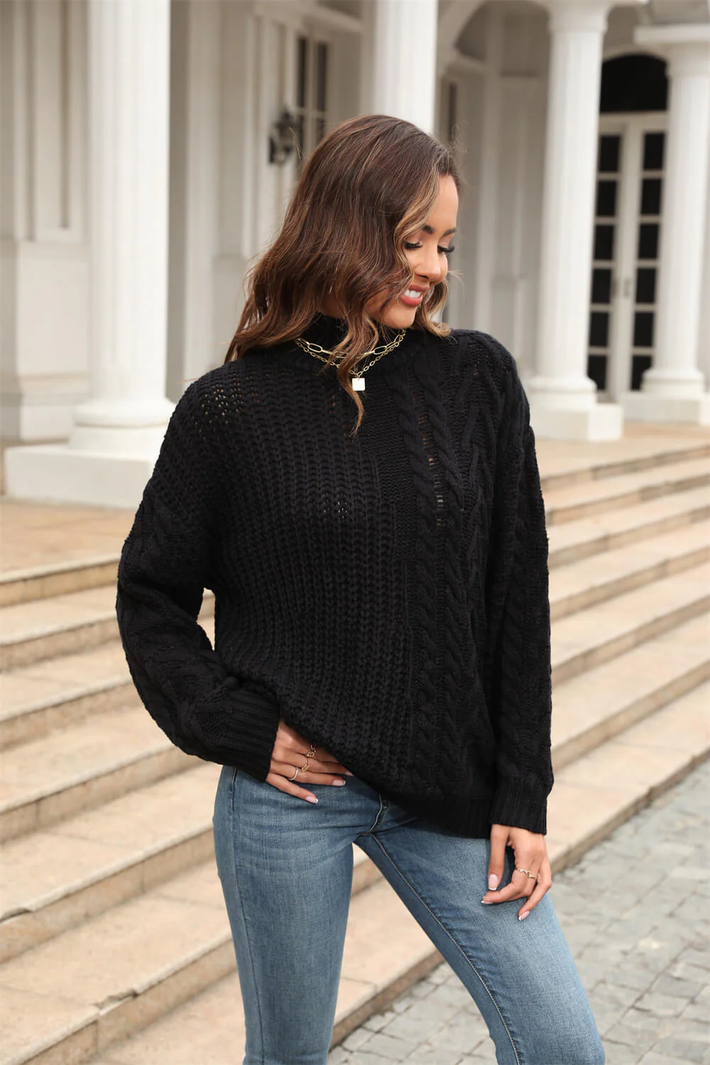 Corey Relaxed Cable Knit Sweater - Black - Image 4