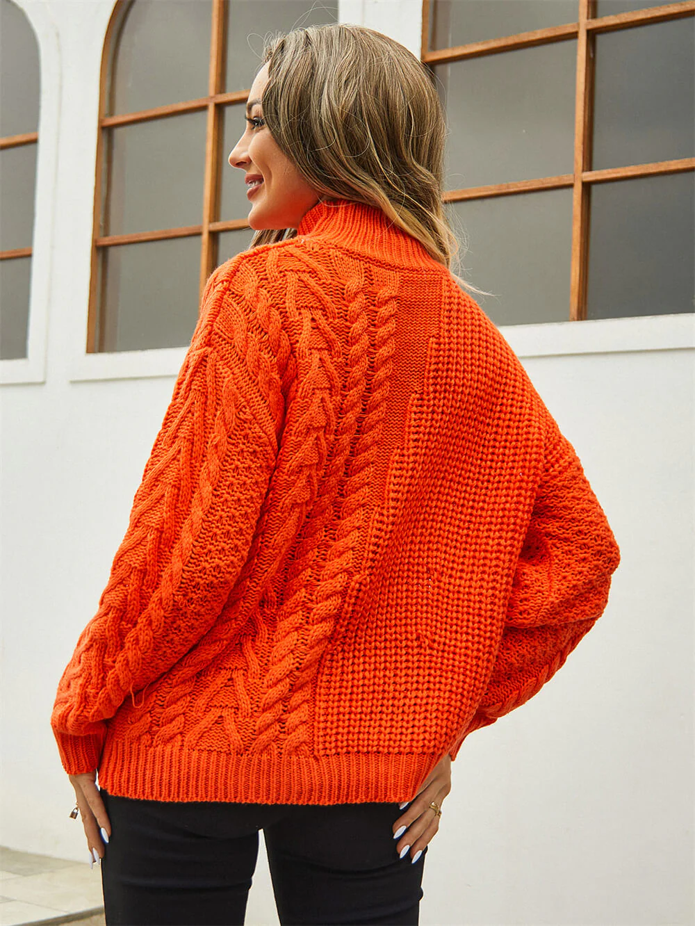 Corey Relaxed Cable Knit Sweater - Orange - Image 3