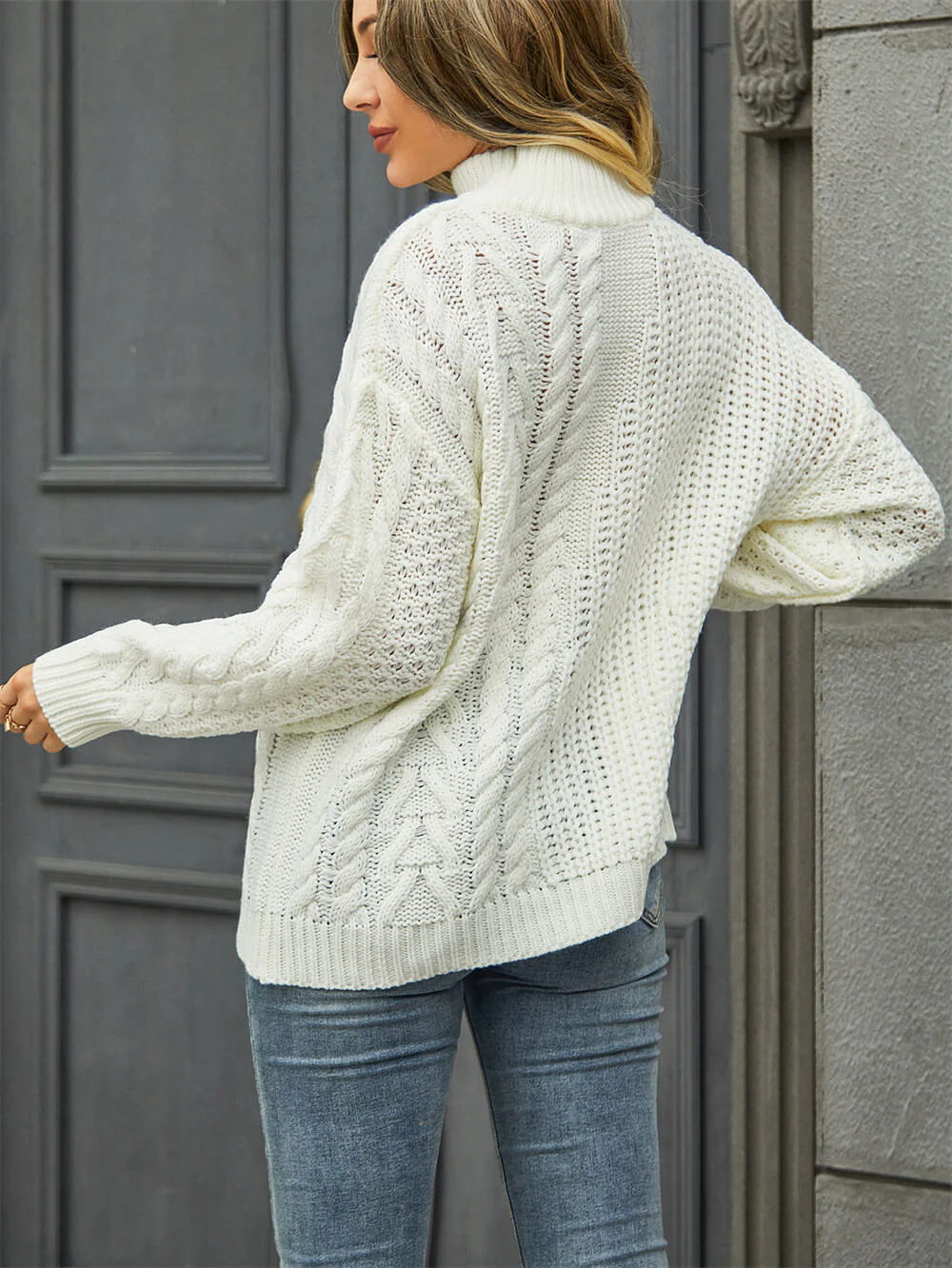 Corey Relaxed Cable Knit Sweater - White - Image 3