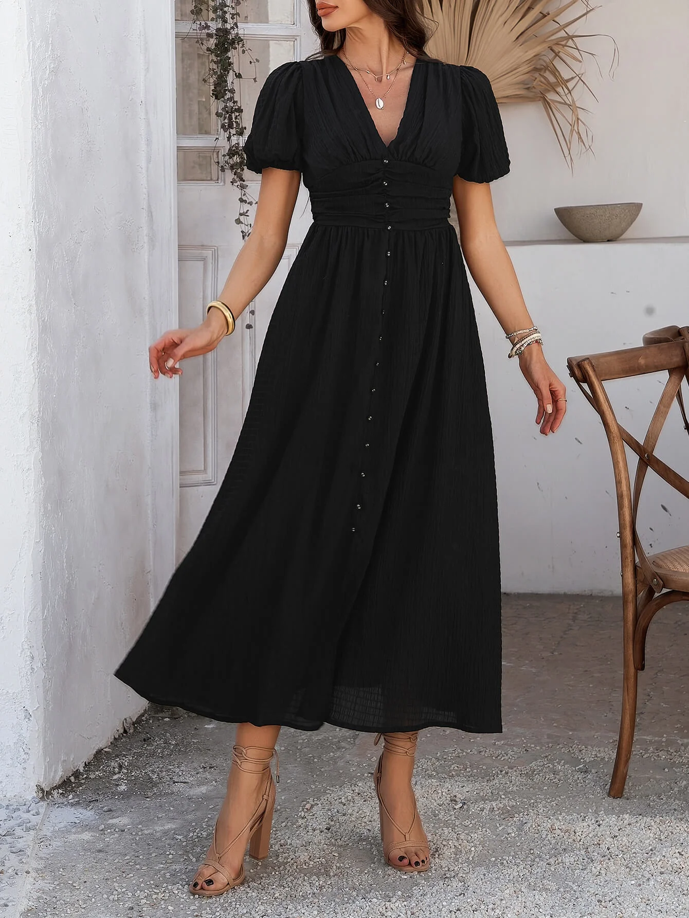 Coriene Short Puff Sleeve Maxi Dress - black - Image 2