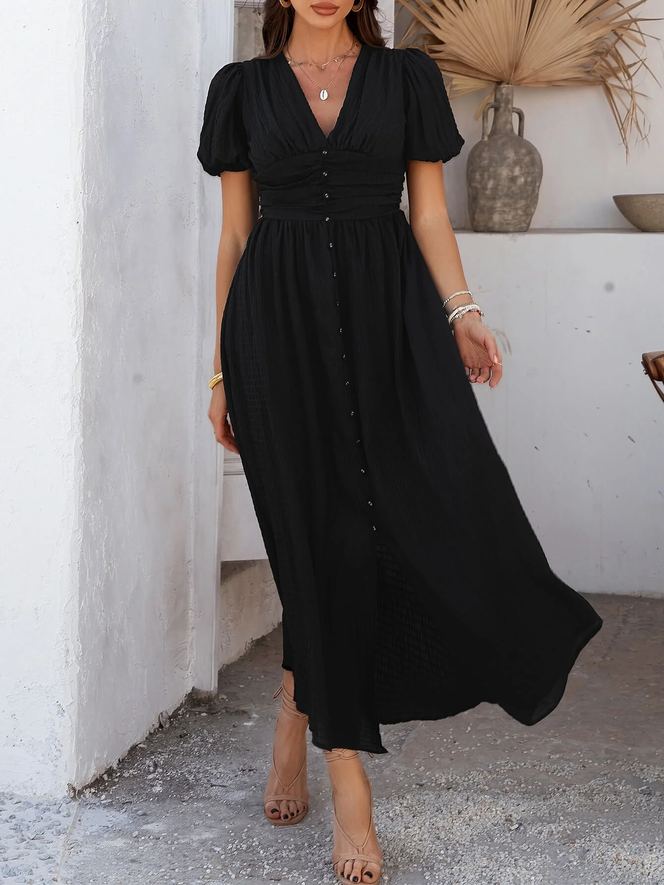 Coriene Short Puff Sleeve Maxi Dress - black - Image 3