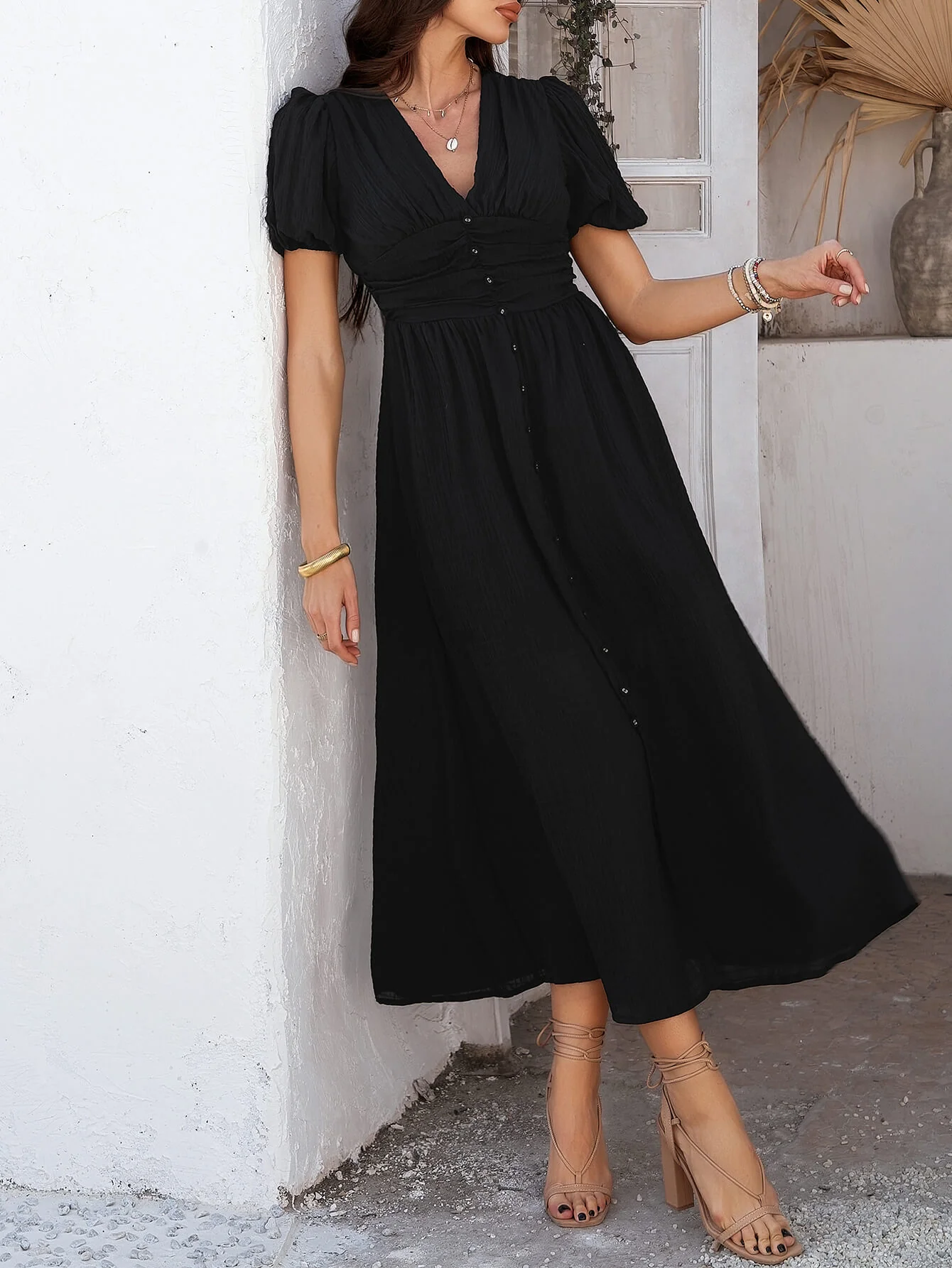 Coriene Short Puff Sleeve Maxi Dress - black - Image 5