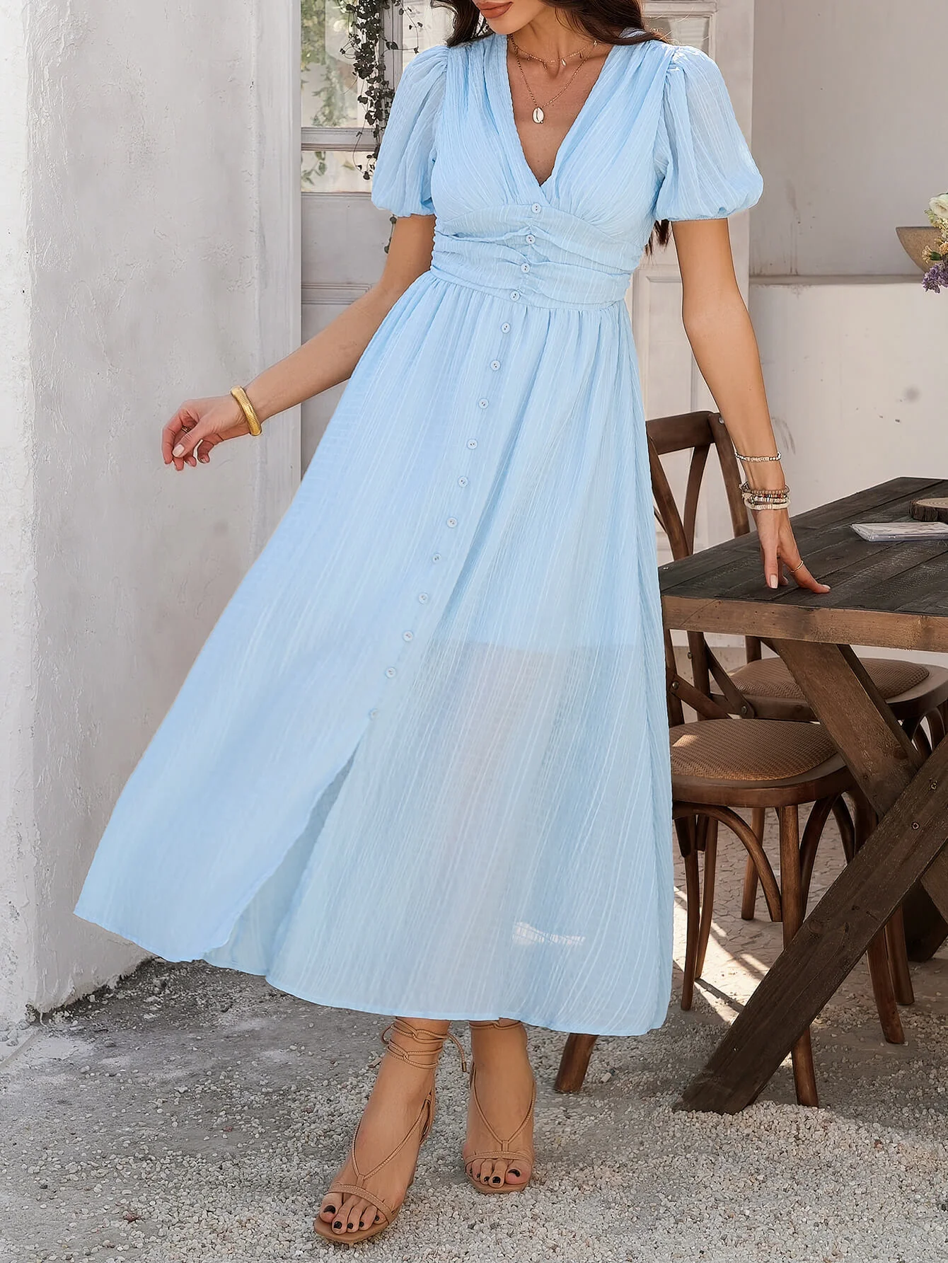 Coriene Short Puff Sleeve Maxi Dress - blue - Image 6