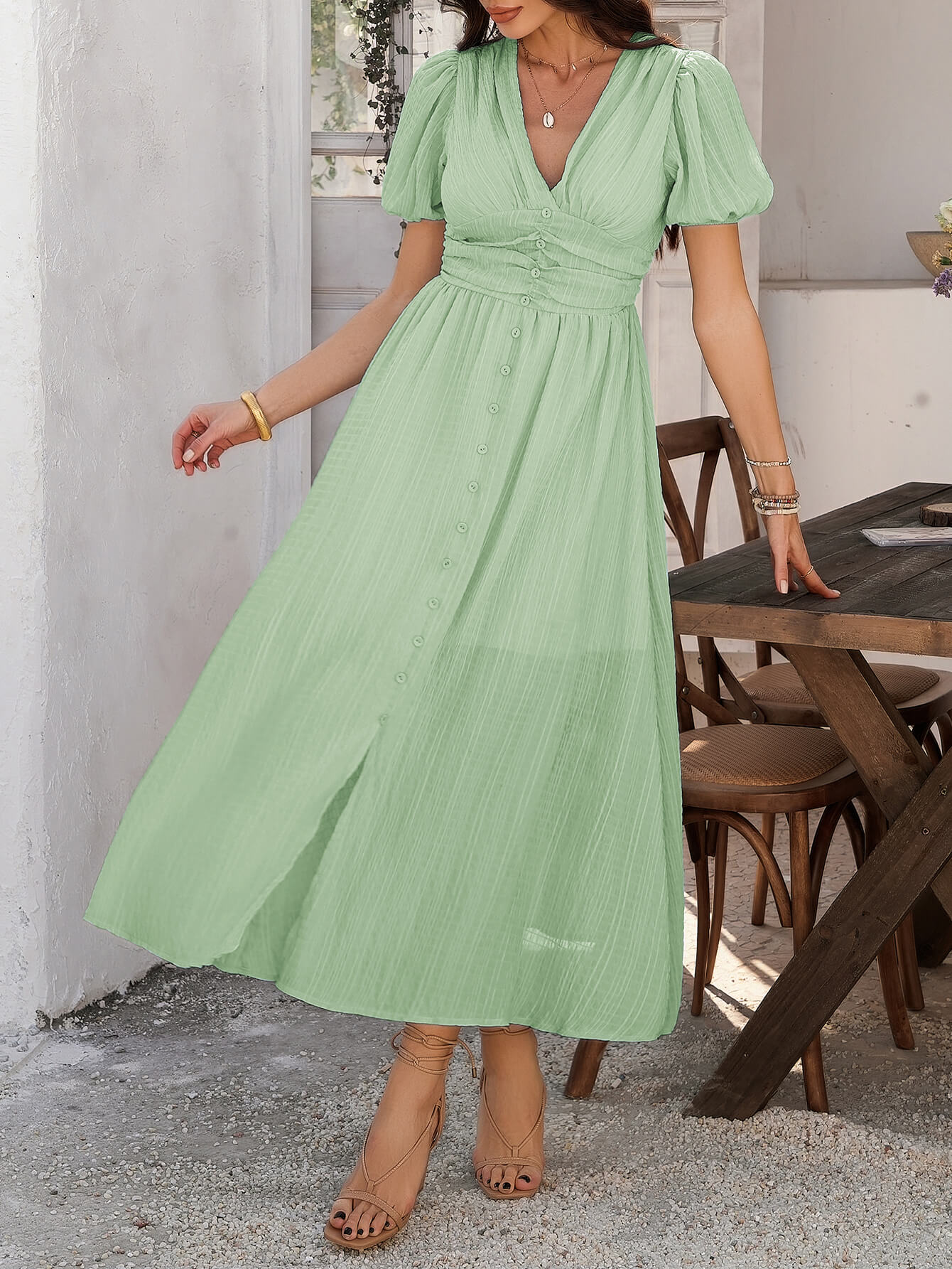 Coriene Short Puff Sleeve Maxi Dress - sage - Image 3
