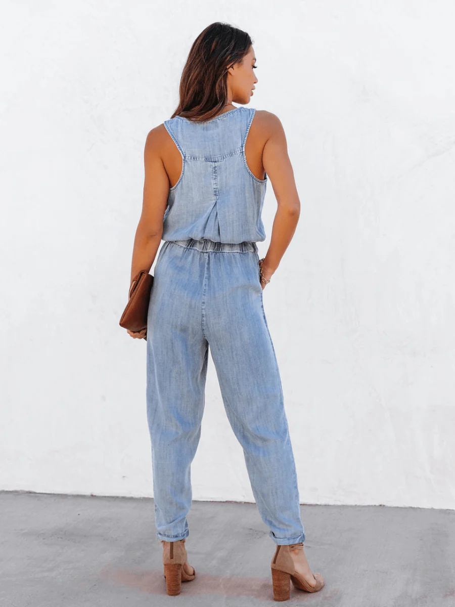 COURTNEY POCKETED SLEEVELESS DENIM JUMPSUIT - BLUE - Image 4