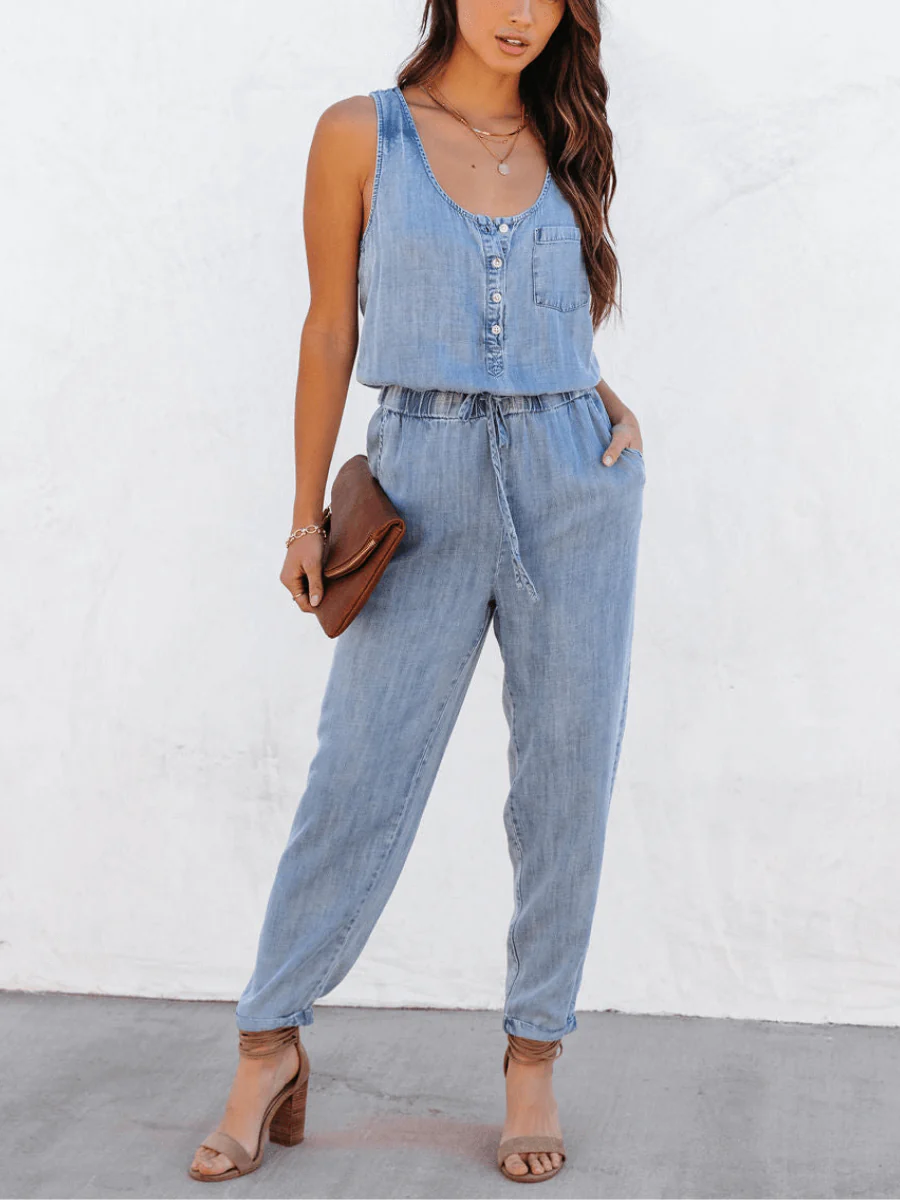 COURTNEY POCKETED SLEEVELESS DENIM JUMPSUIT - BLUE - Image 5