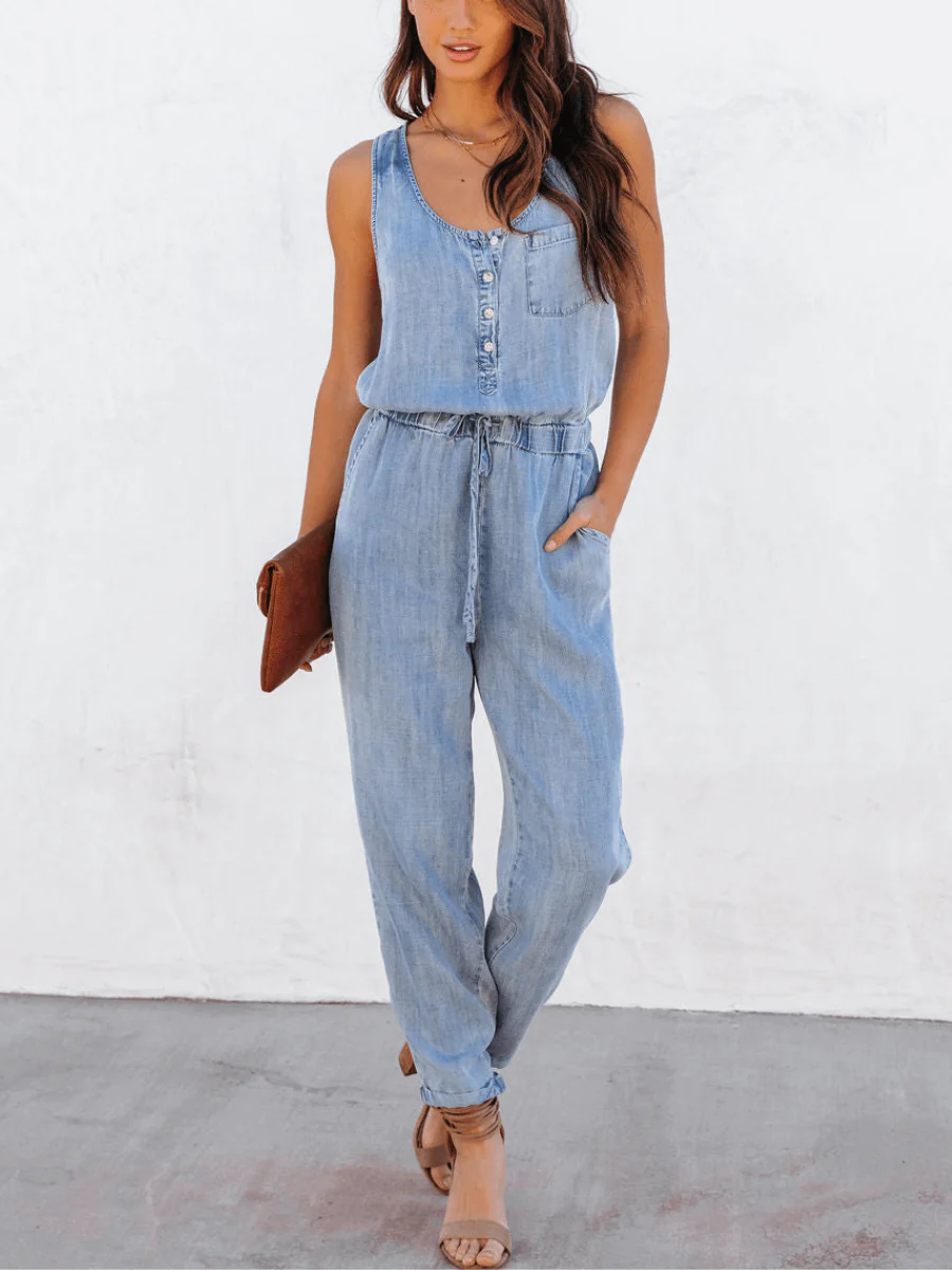 COURTNEY POCKETED SLEEVELESS DENIM JUMPSUIT - BLUE - Image 6