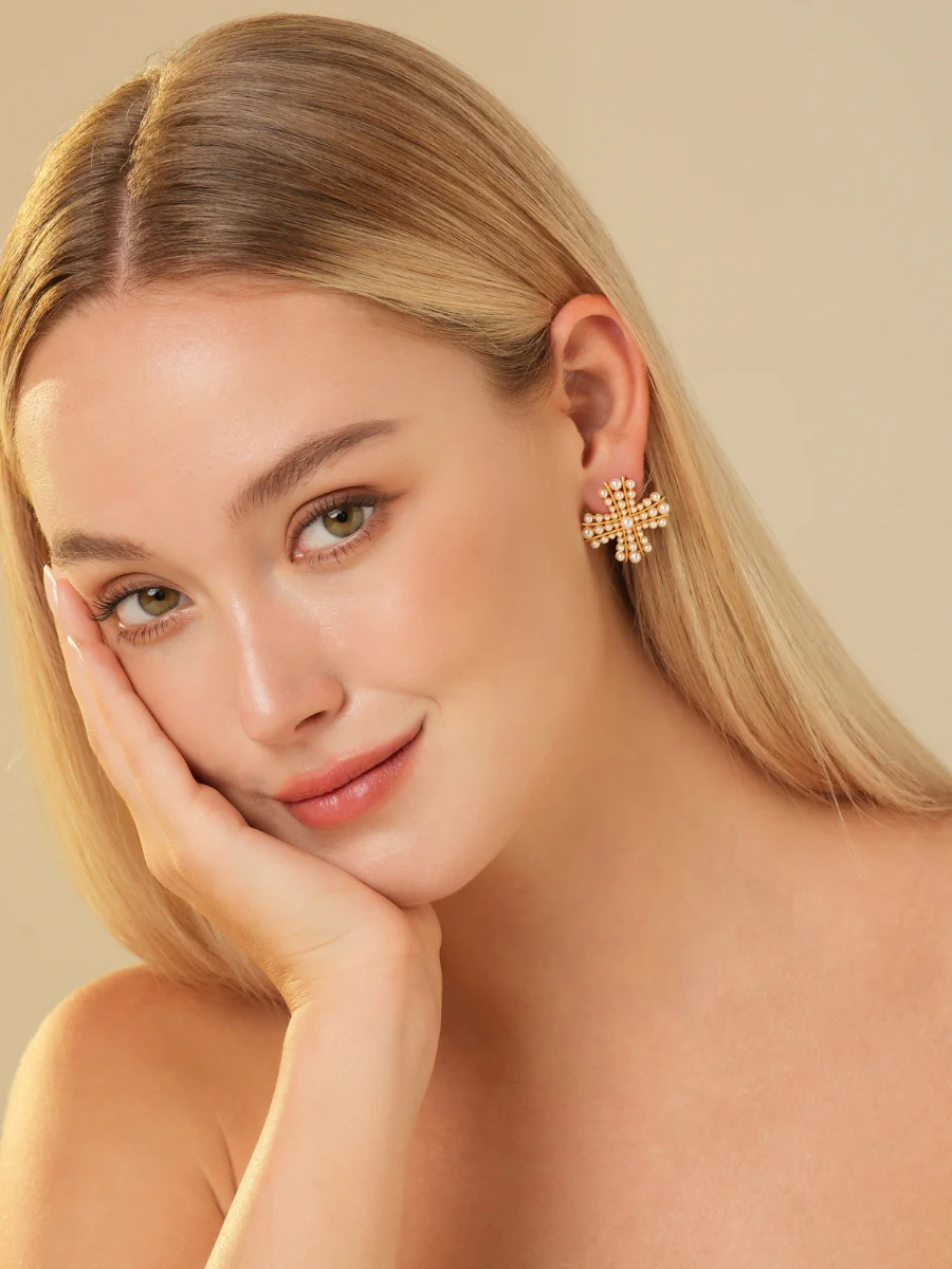 Cross Pearl Gold Plated Stud Earrings - Image 4