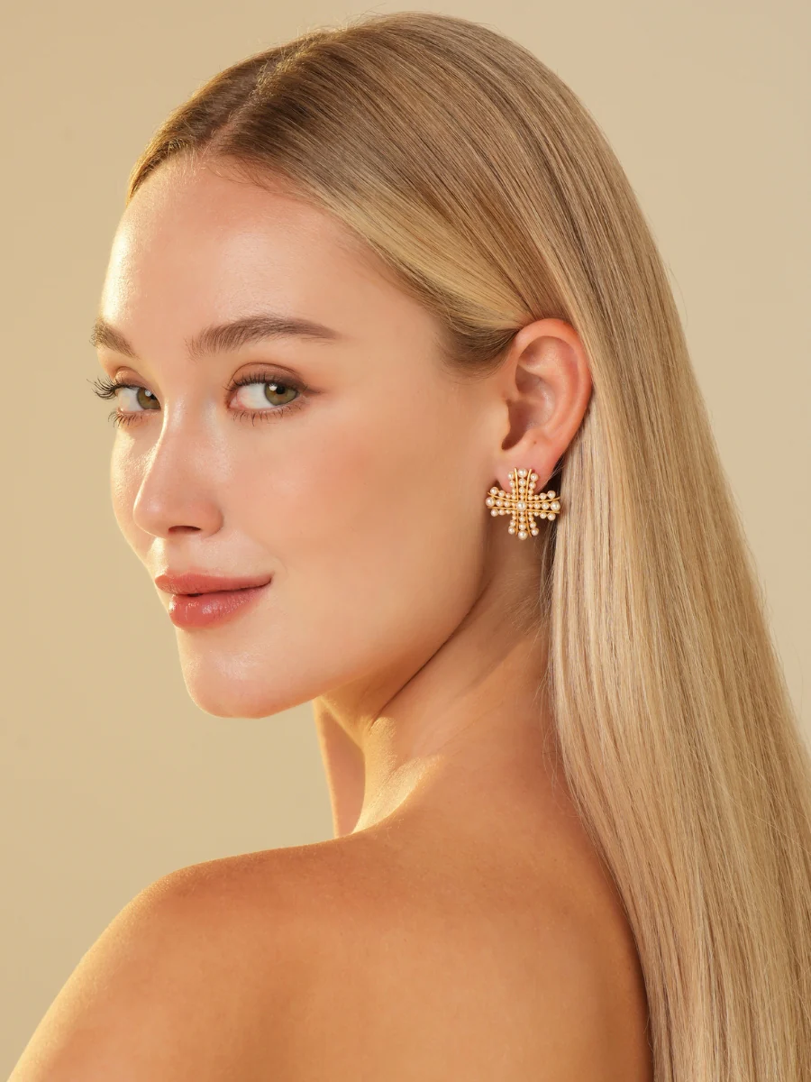 Cross Pearl Gold Plated Stud Earrings - Image 5