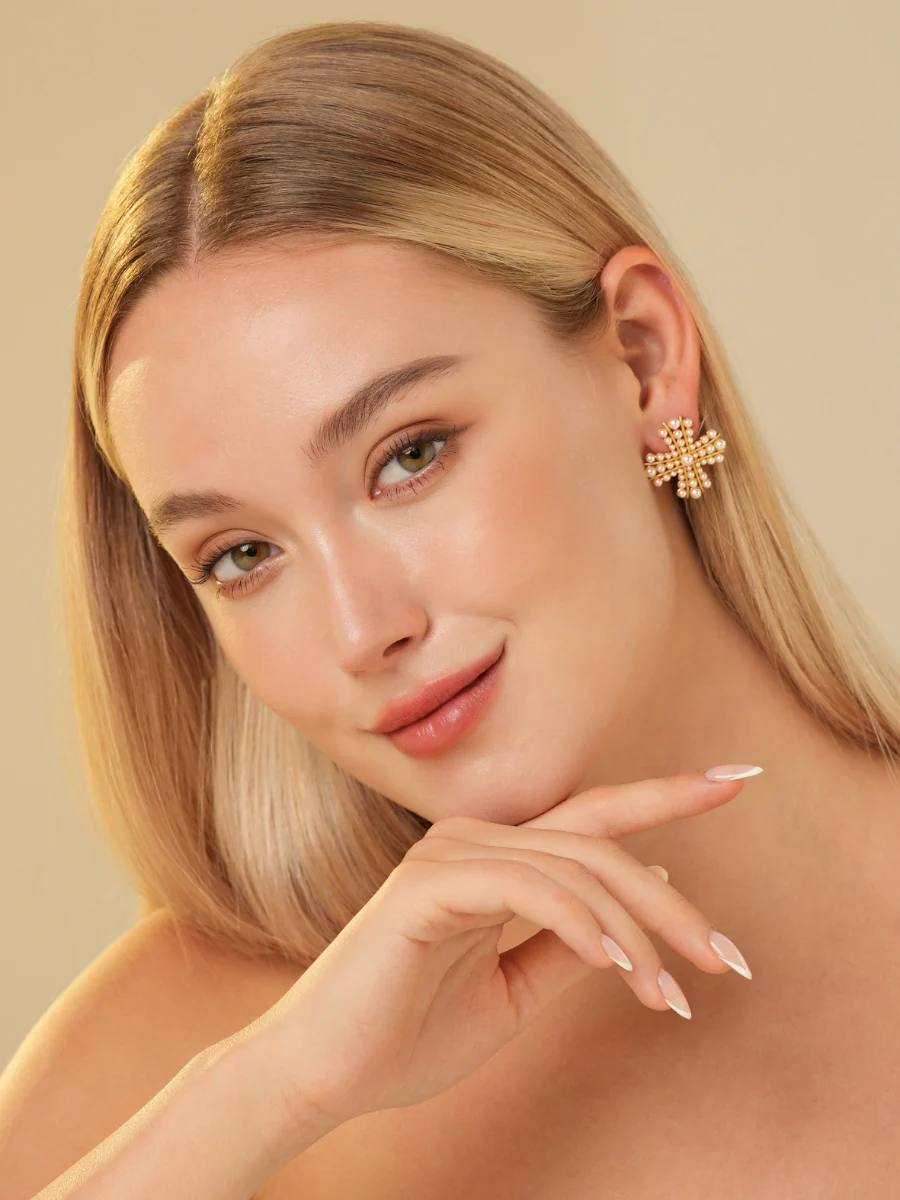 Cross Pearl Gold Plated Stud Earrings - Image 6
