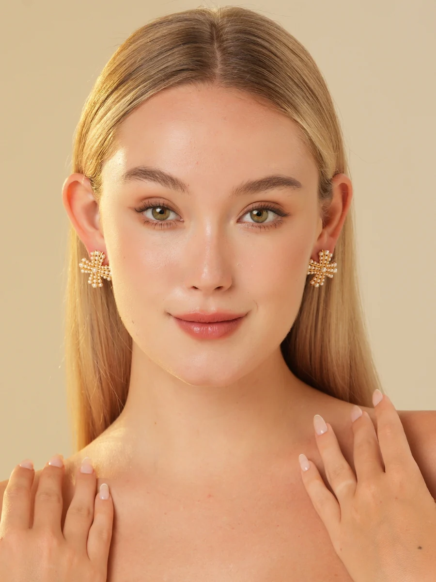 Cross Pearl Gold Plated Stud Earrings - Image 7